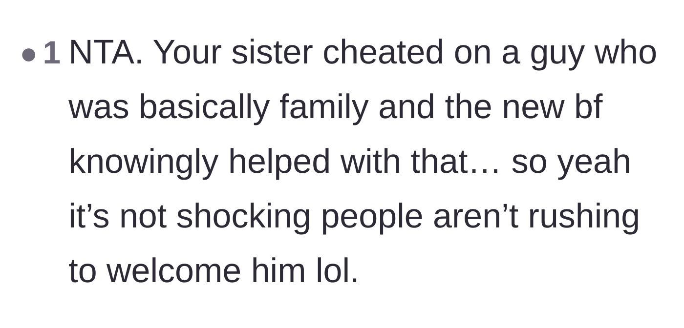 Comment thread 6 - Validation that the family is completely justified in not wanting to welcome an affair partner into their home.
