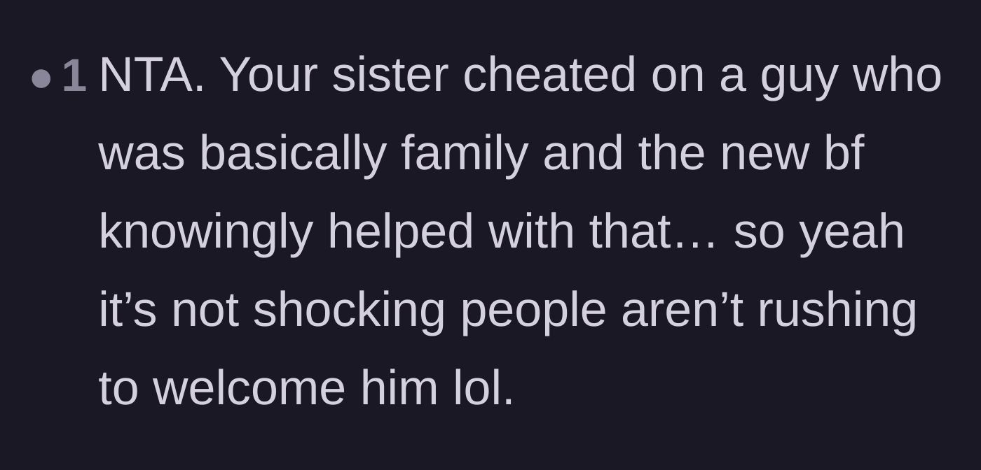Comment thread 6 - Validation that the family is completely justified in not wanting to welcome an affair partner into their home.