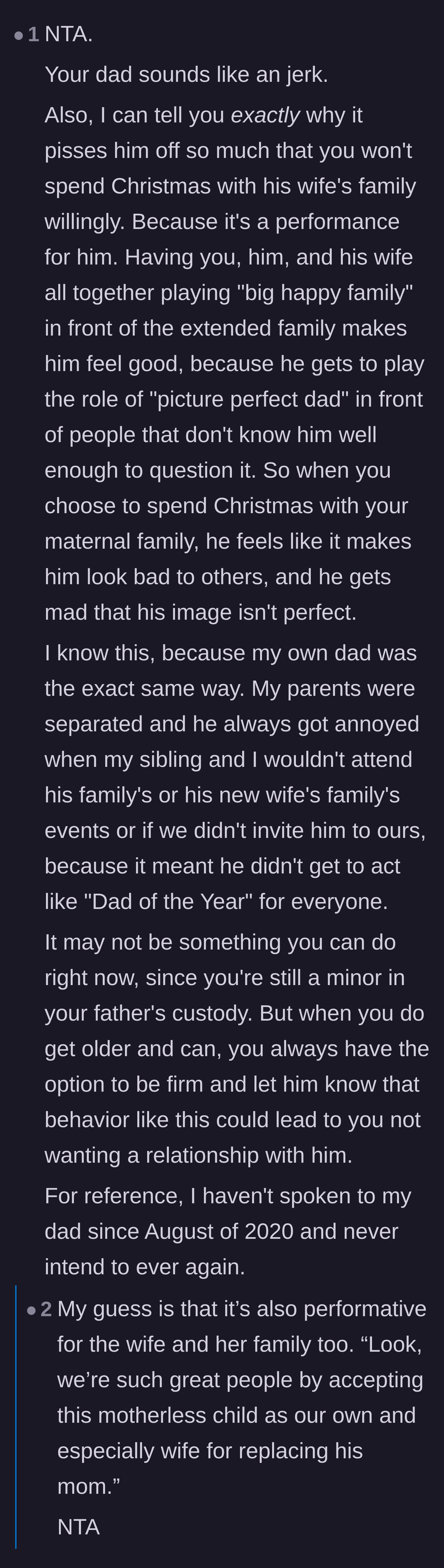 Comment thread 3 - A deep dive into how forced family holidays are usually just a theatrical performance for the parents' egos.