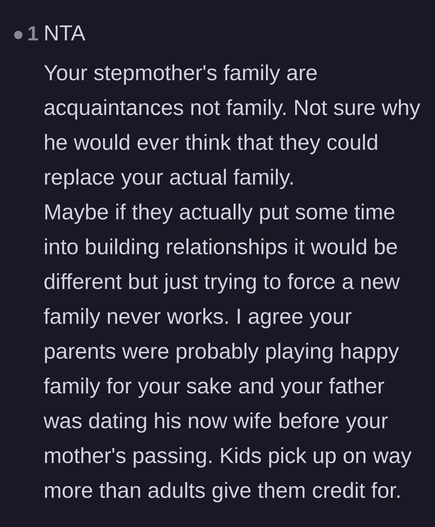 Comment thread 6 - A reader validates the author's suspicion that his father and stepmother were together before his mother passed, noting how perceptive kids actually are.