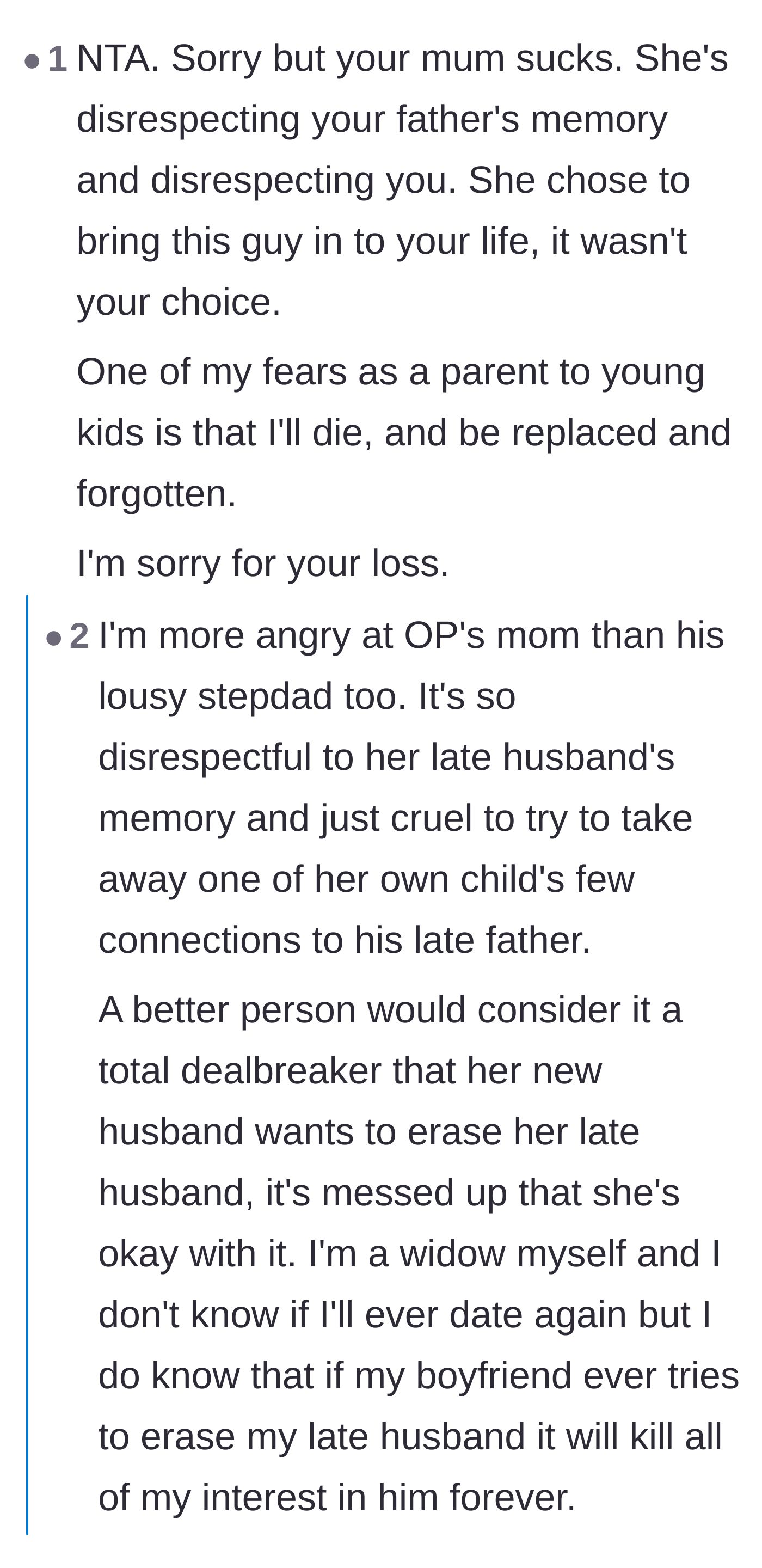 Comment thread 3 - A discussion focusing on the mother's betrayal, with a fellow widow noting she would never allow a new partner to erase her late husband's memory.