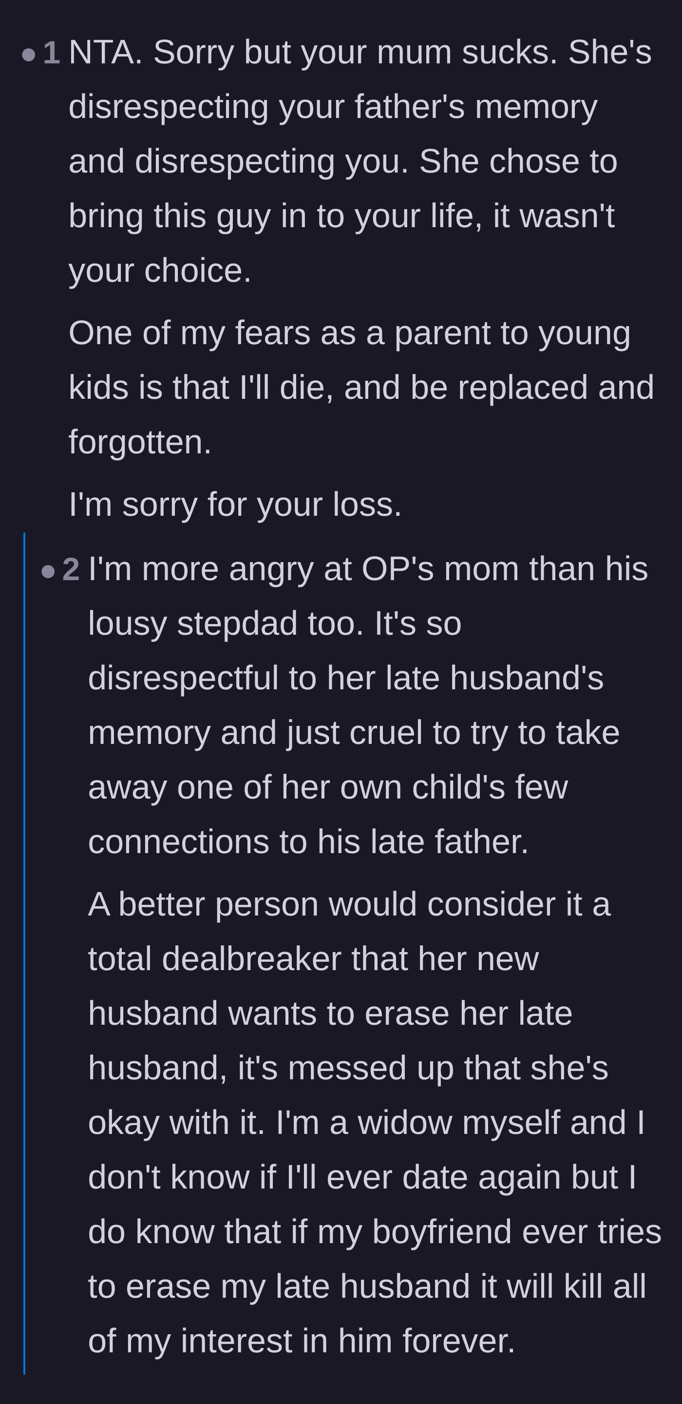 Comment thread 3 - A discussion focusing on the mother's betrayal, with a fellow widow noting she would never allow a new partner to erase her late husband's memory.