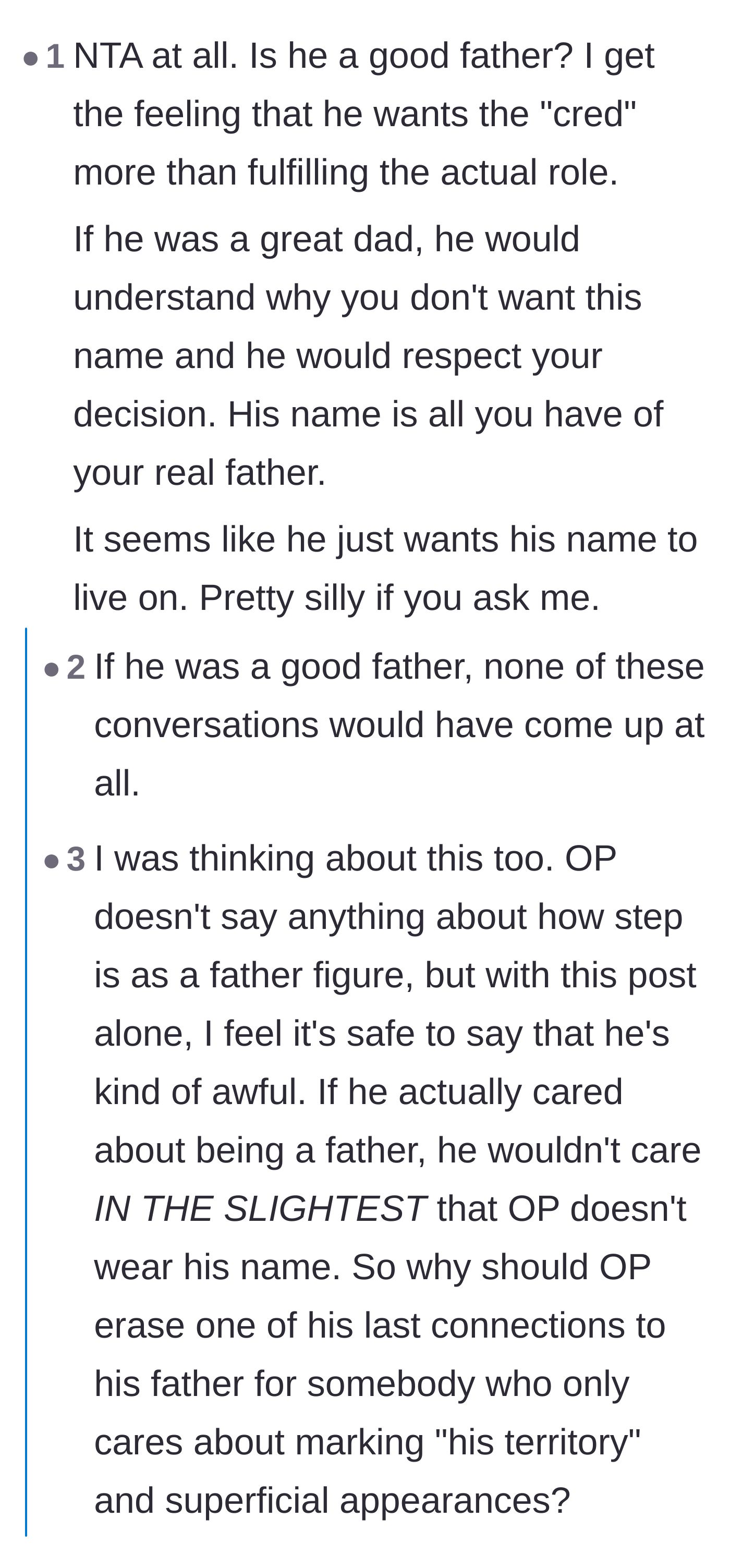 Comment thread 4 - Commenters deduce that the stepfather views the teenager merely as a vehicle to carry on his legacy since his biological child tragically died.