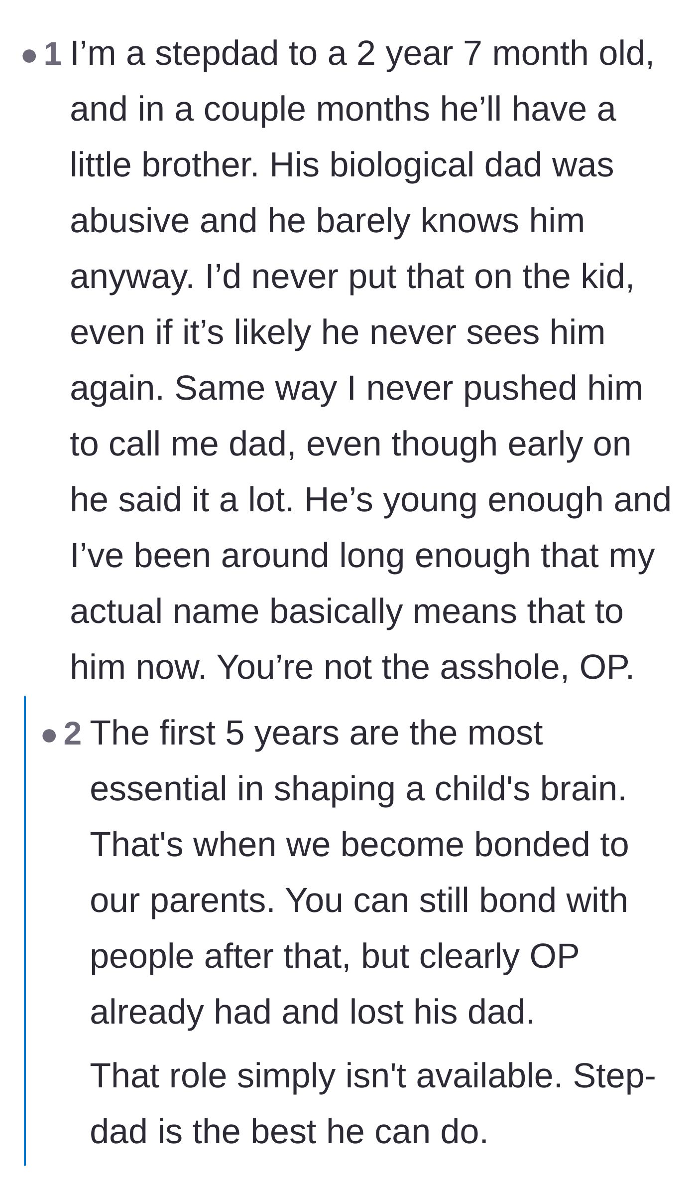 Comment thread 5 - A real-life stepfather shares his own experience, explaining that he never forces his stepchild to call him dad or change his name.
