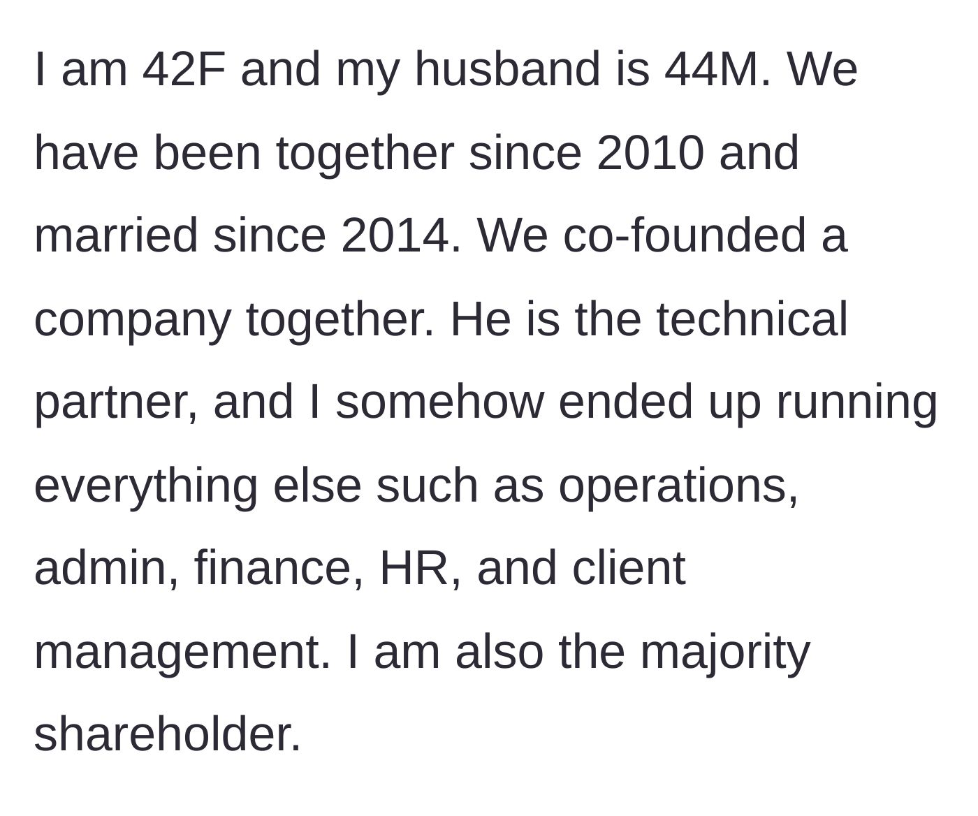 Story part 1 - Introduction to the couple's business structure and operational division of labor.