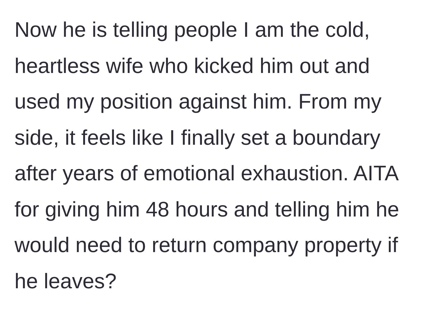 Story part 9 - The husband launches a smear campaign while the wife realizes she set a boundary.