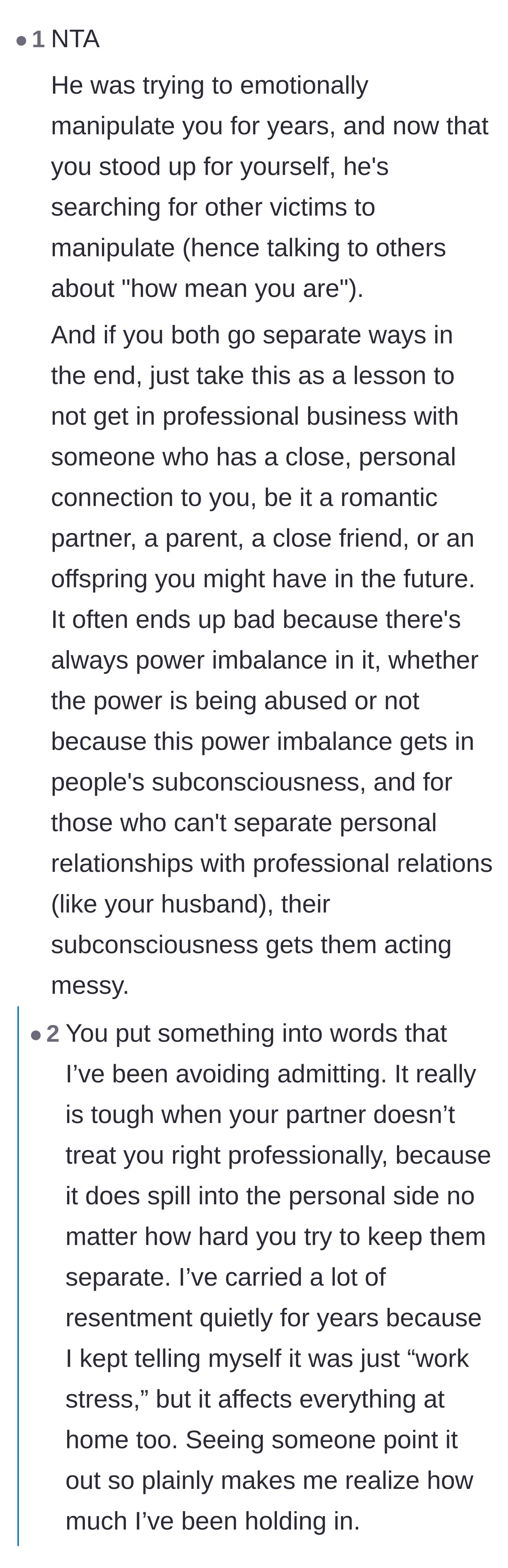 Comment thread 1 - Discussing the inescapable power imbalance and resentment when mixing marriage with business management.