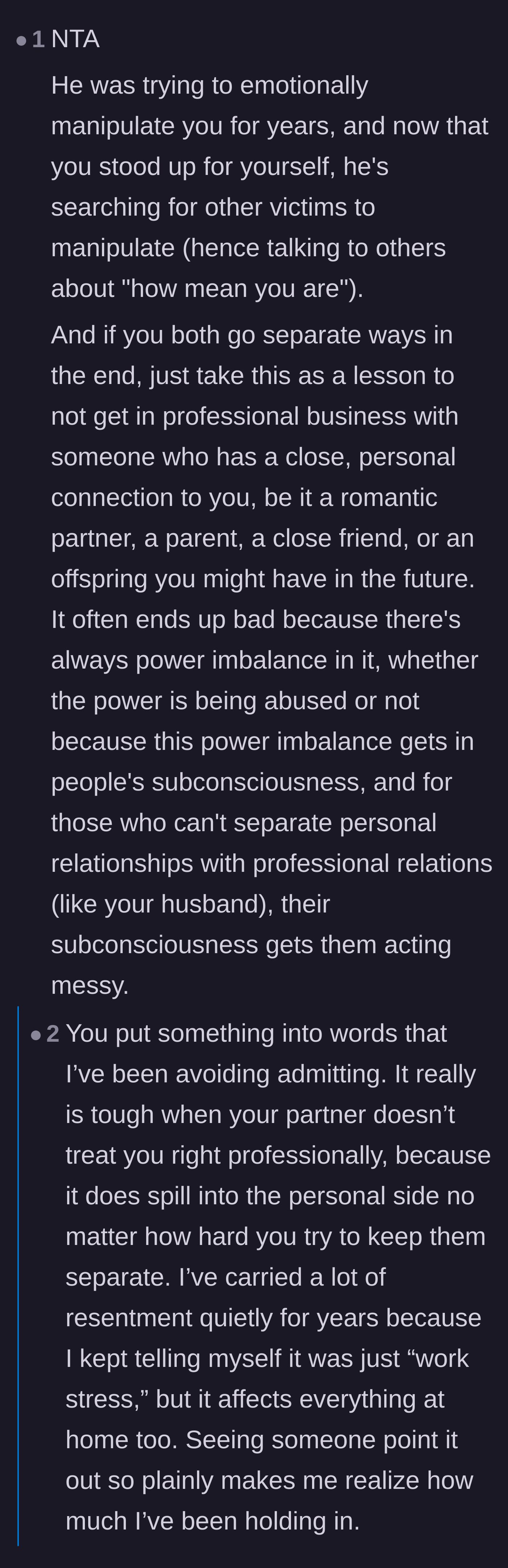Comment thread 1 - Discussing the inescapable power imbalance and resentment when mixing marriage with business management.