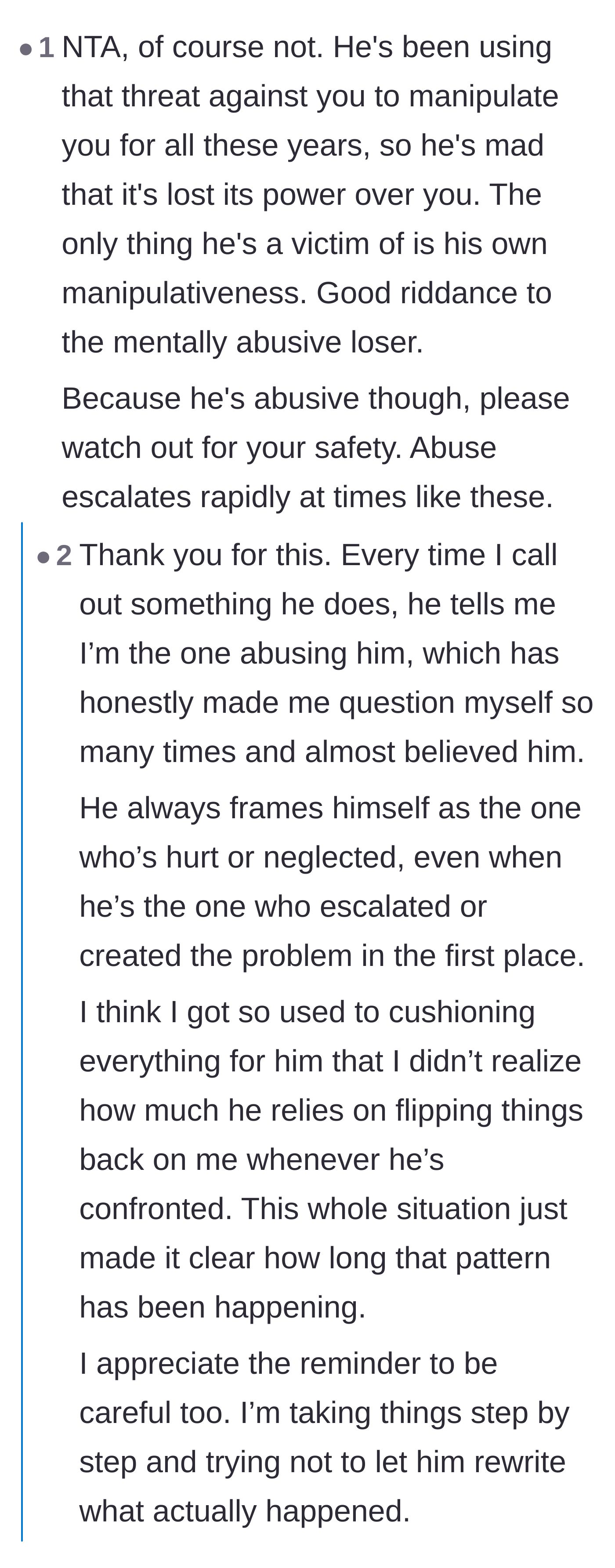 Comment thread 2 - Identifying the husband's escalation, wall-punching, and DARVO tactics as textbook domestic abuse rather than normal stress.