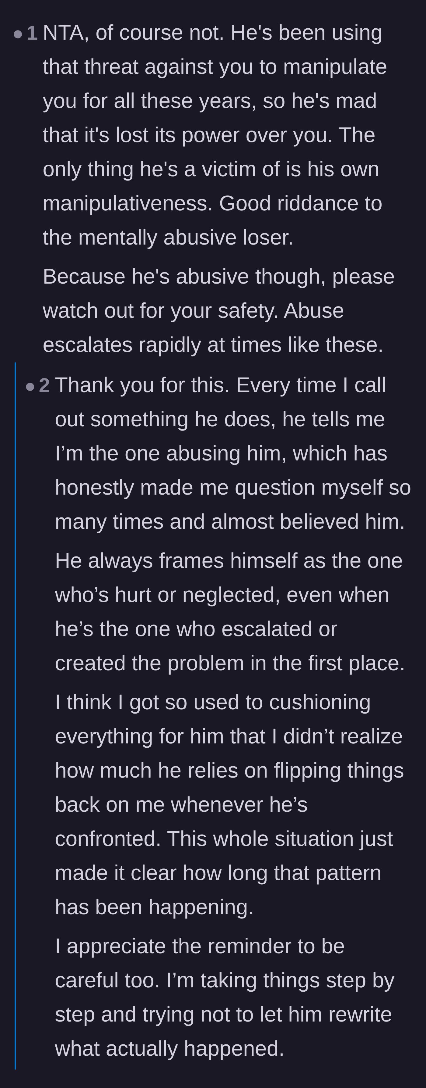 Comment thread 2 - Identifying the husband's escalation, wall-punching, and DARVO tactics as textbook domestic abuse rather than normal stress.