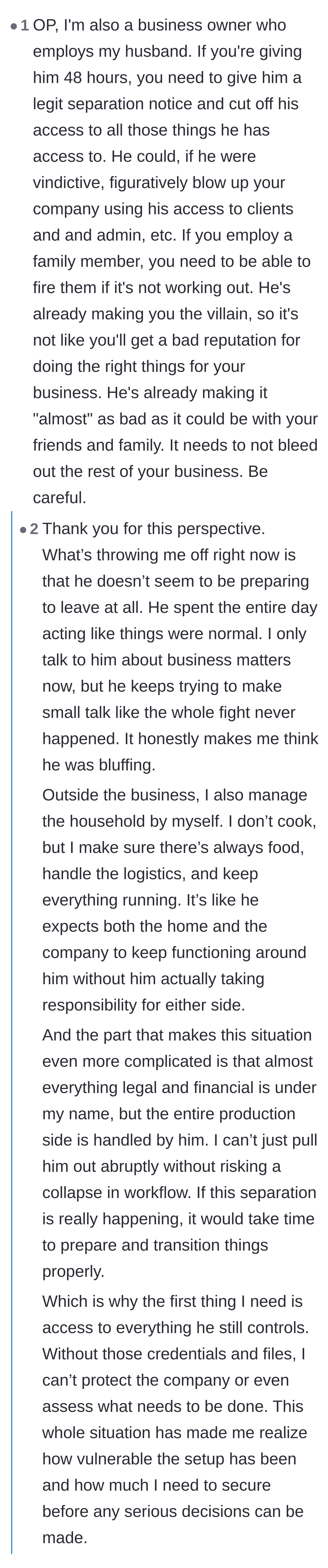 Comment thread 3 - Business owners advising her to cut his admin access immediately to prevent corporate sabotage.