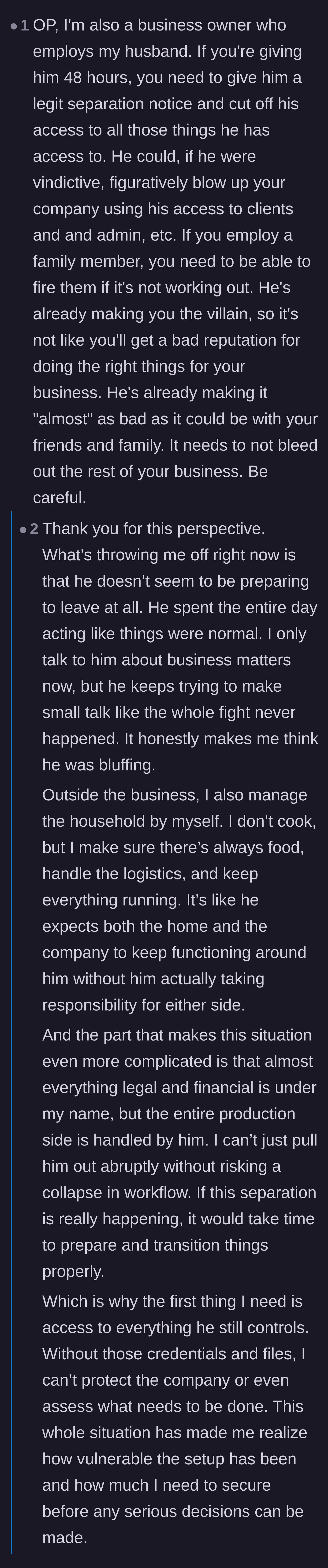 Comment thread 3 - Business owners advising her to cut his admin access immediately to prevent corporate sabotage.
