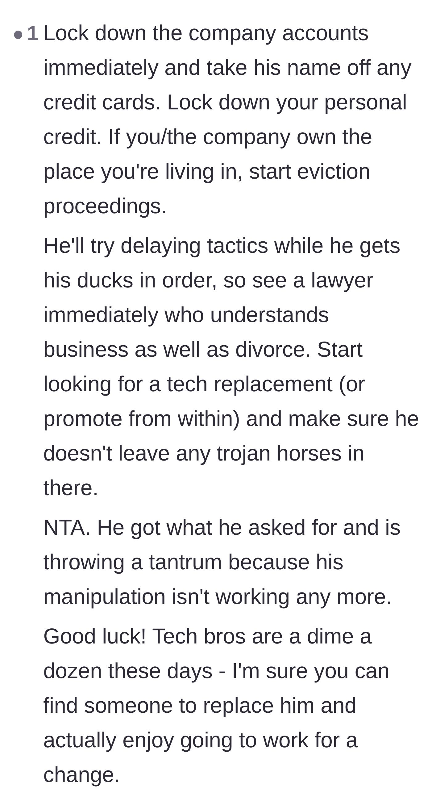 Comment thread 4 - Advice on evicting the husband, securing credit, and replacing him with another tech worker.