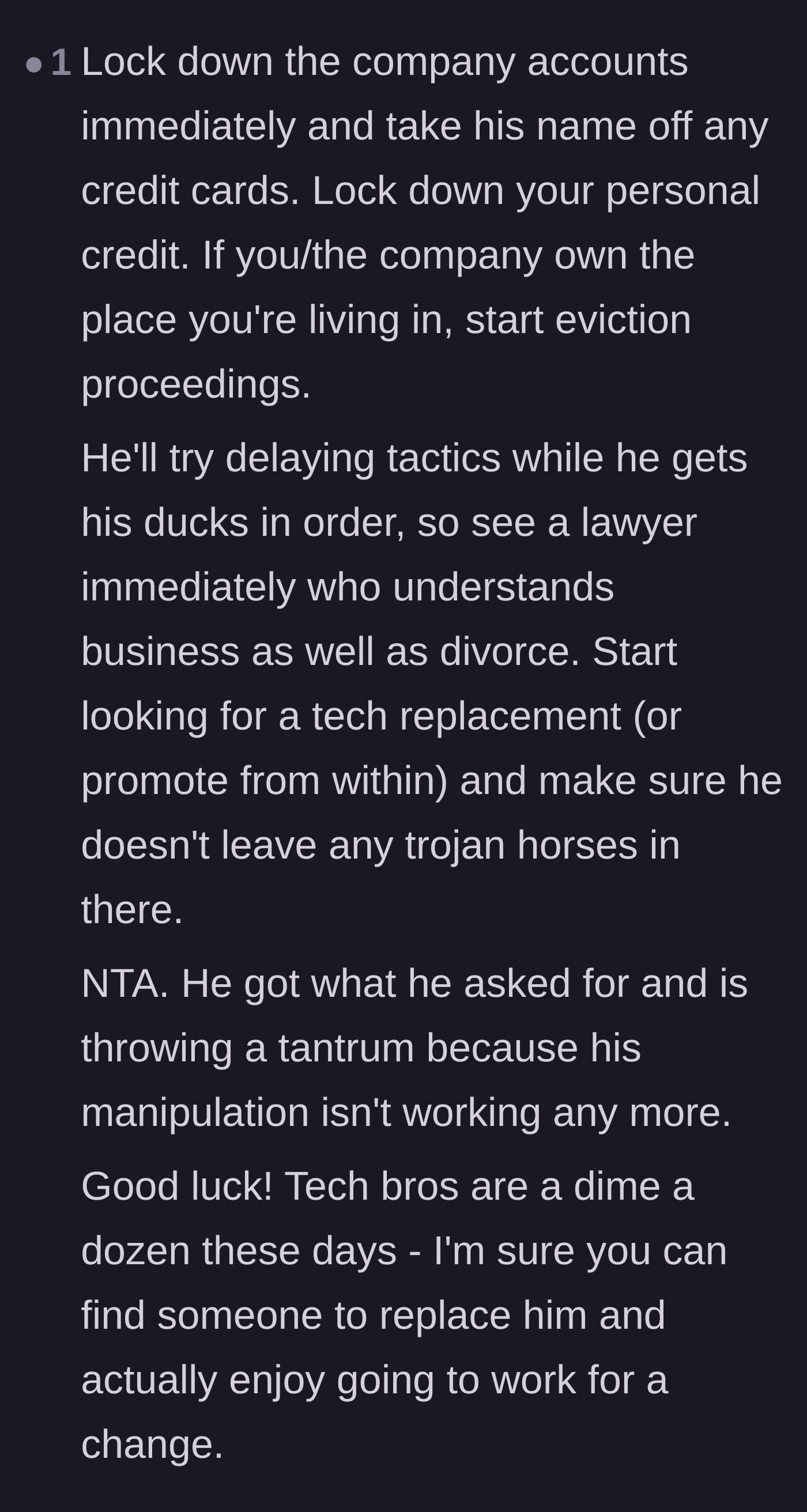 Comment thread 4 - Advice on evicting the husband, securing credit, and replacing him with another tech worker.