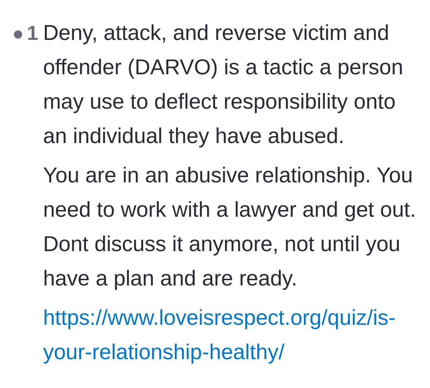 Comment thread 5 - Explaining the psychological concept of DARVO to validate the wife's experience.