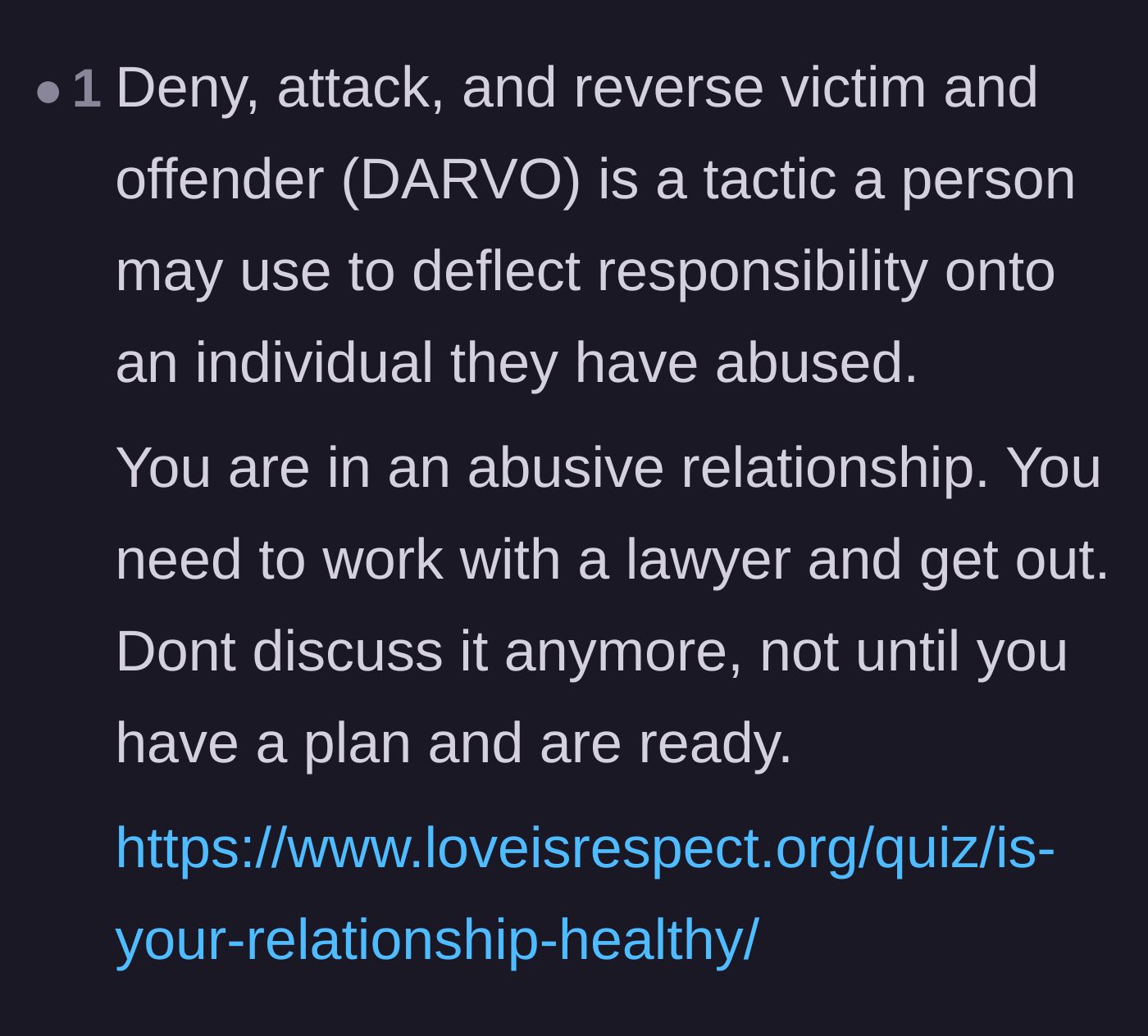 Comment thread 5 - Explaining the psychological concept of DARVO to validate the wife's experience.