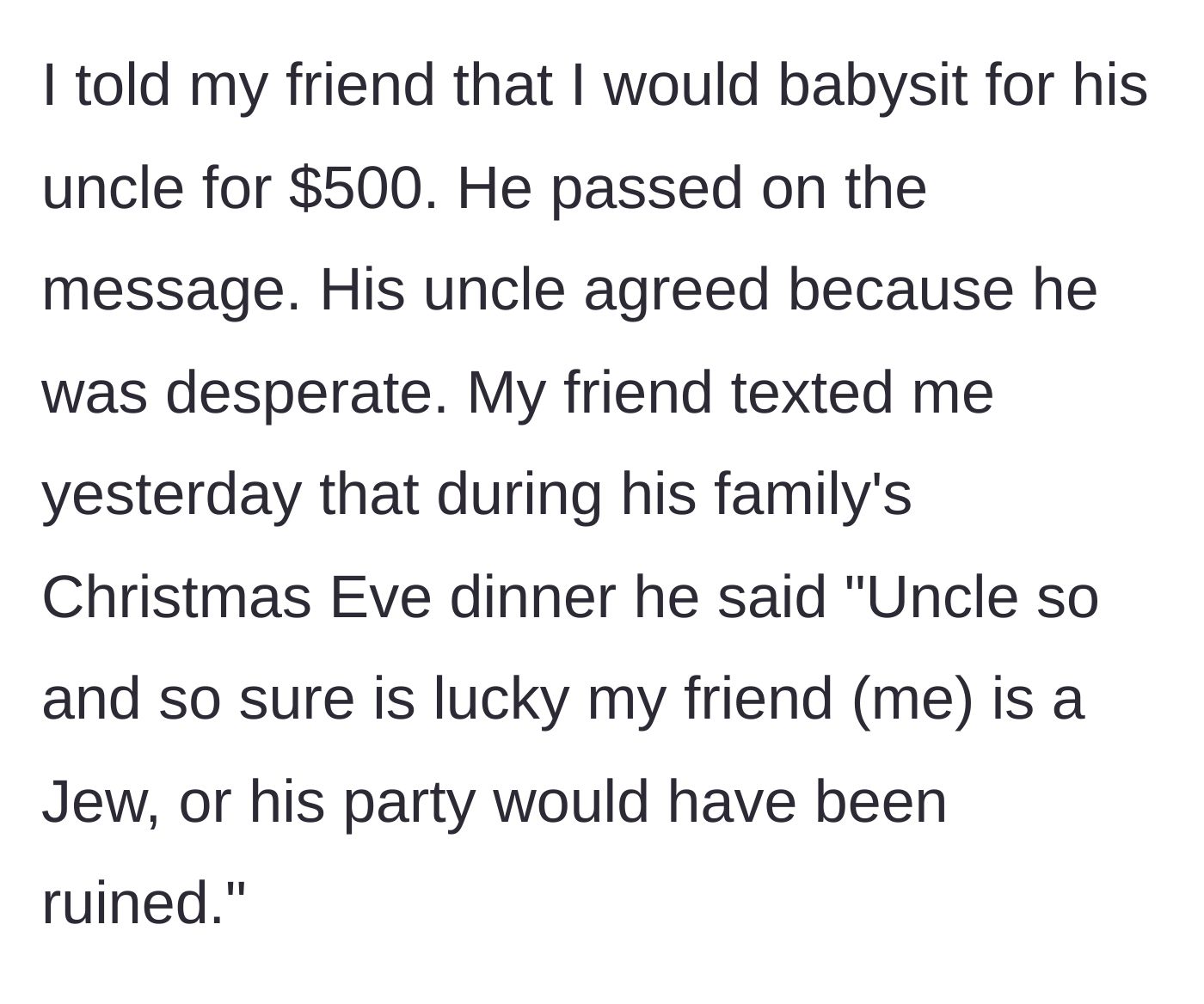 Story part 2 - The male main character agrees to the $500 fee and his friend jokes about him saving Christmas.