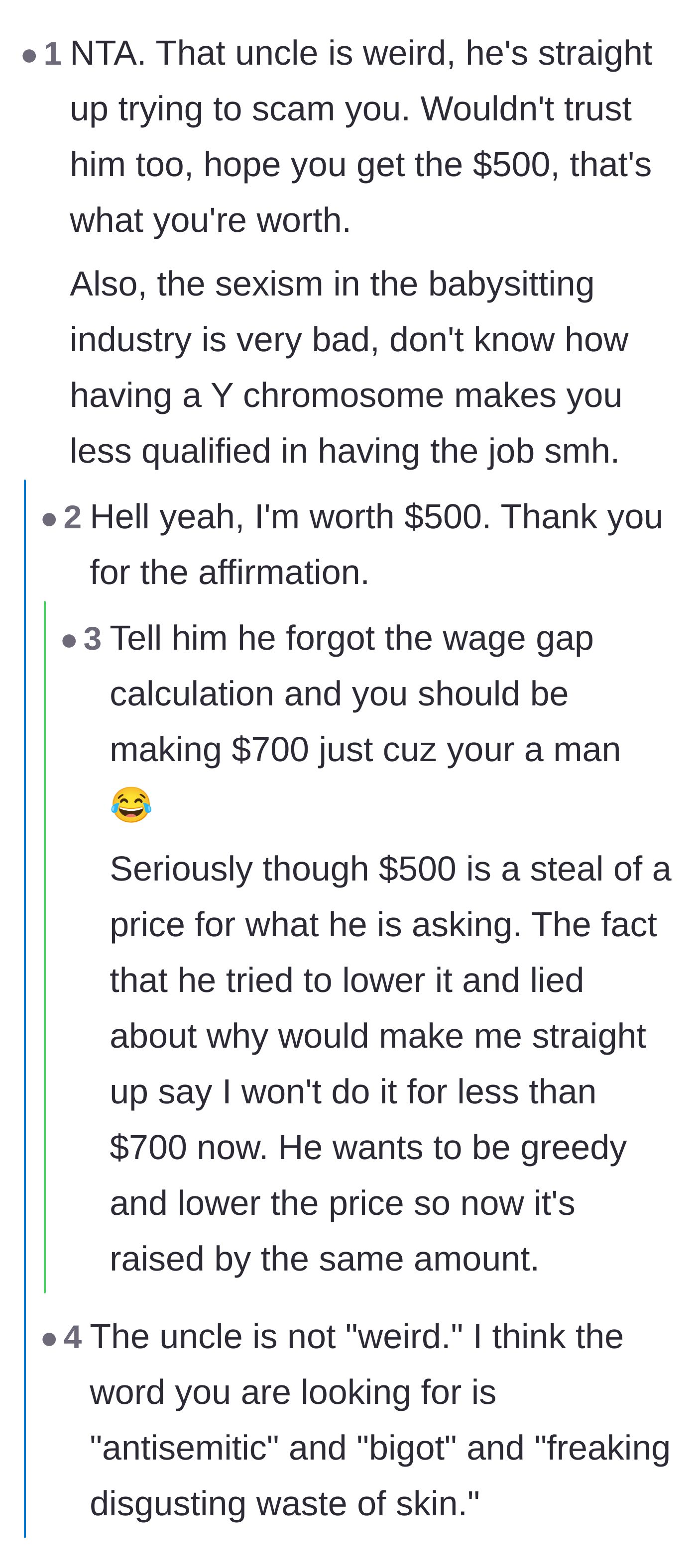 Comment thread 2 - Outrage over the uncle's sexism and antisemitism, with readers urging the sitter to raise his price.