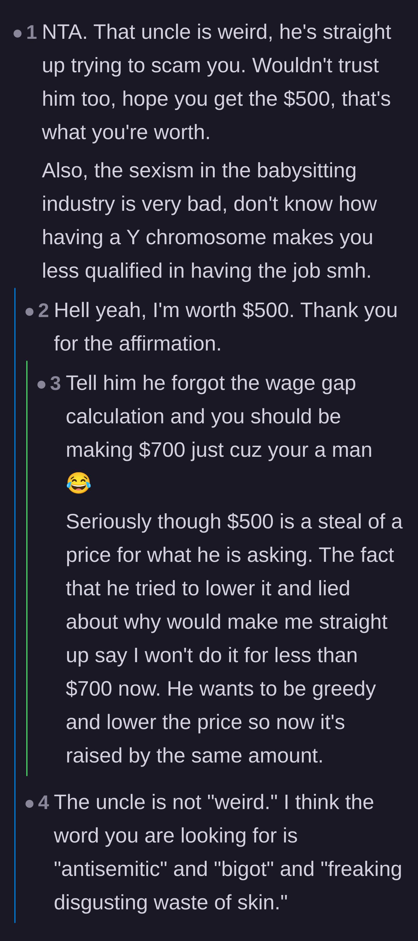 Comment thread 2 - Outrage over the uncle's sexism and antisemitism, with readers urging the sitter to raise his price.