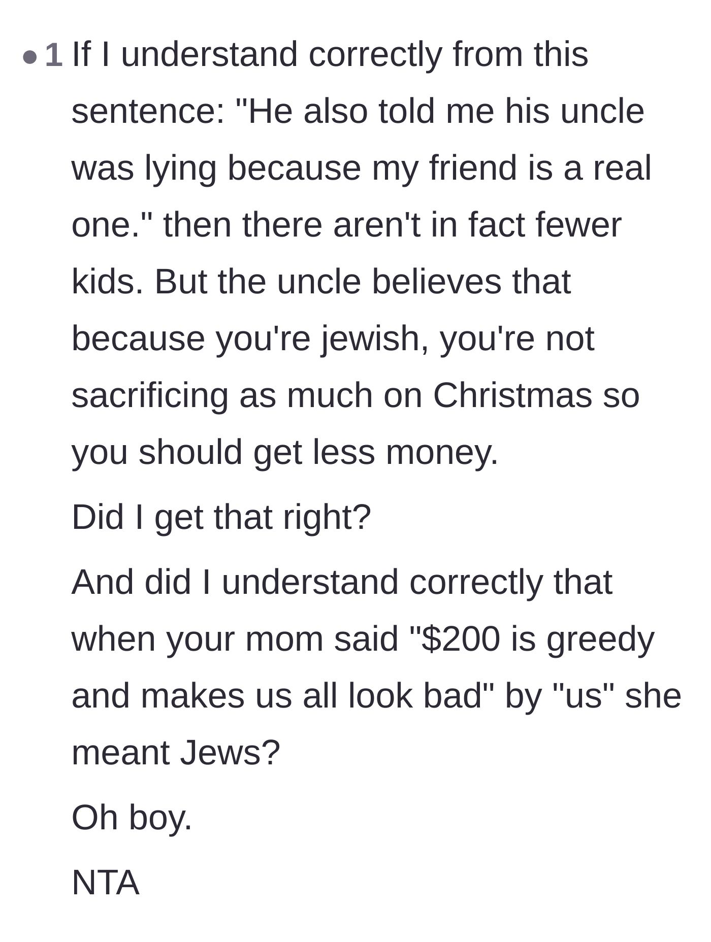 Comment thread 3 - Analysis of the mom's guilt and the uncle's offensive logic about the babysitter's holiday plans.