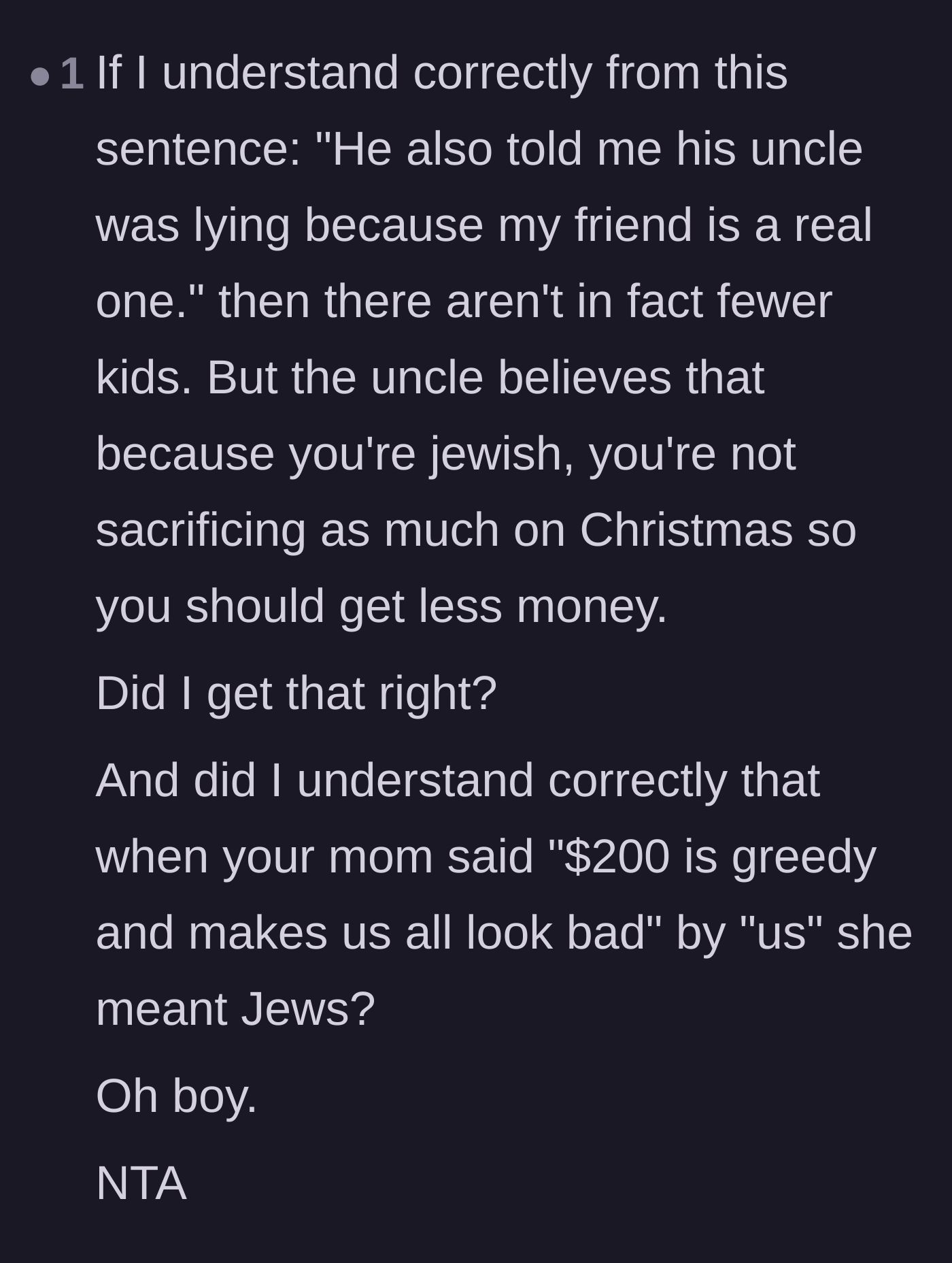 Comment thread 3 - Analysis of the mom's guilt and the uncle's offensive logic about the babysitter's holiday plans.