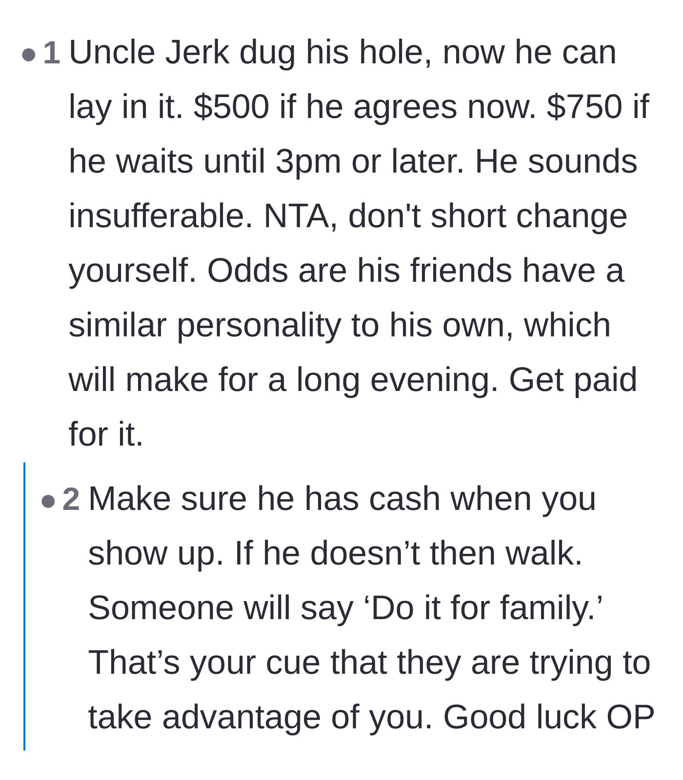 Comment thread 4 - Advice to demand cash upfront and increase the fee as the party start time gets closer.