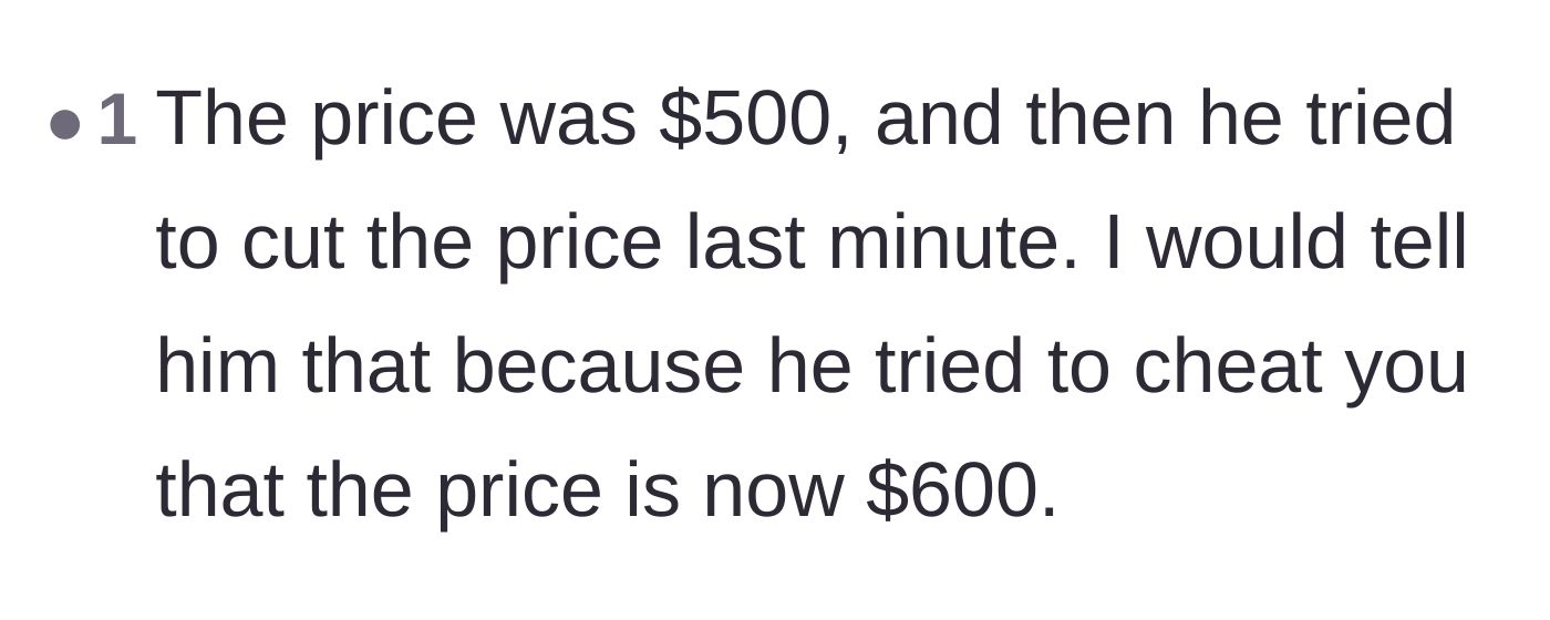 Comment thread 5 - A short and sweet suggestion to charge an extra hundred dollars as a penalty for cheating.