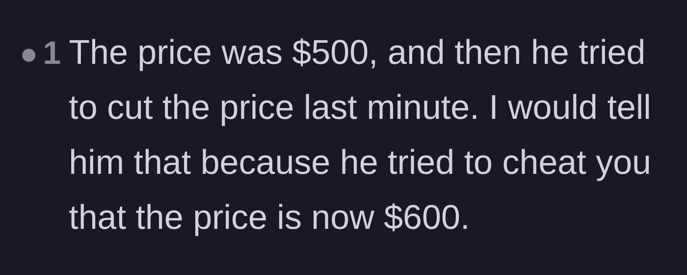 Comment thread 5 - A short and sweet suggestion to charge an extra hundred dollars as a penalty for cheating.