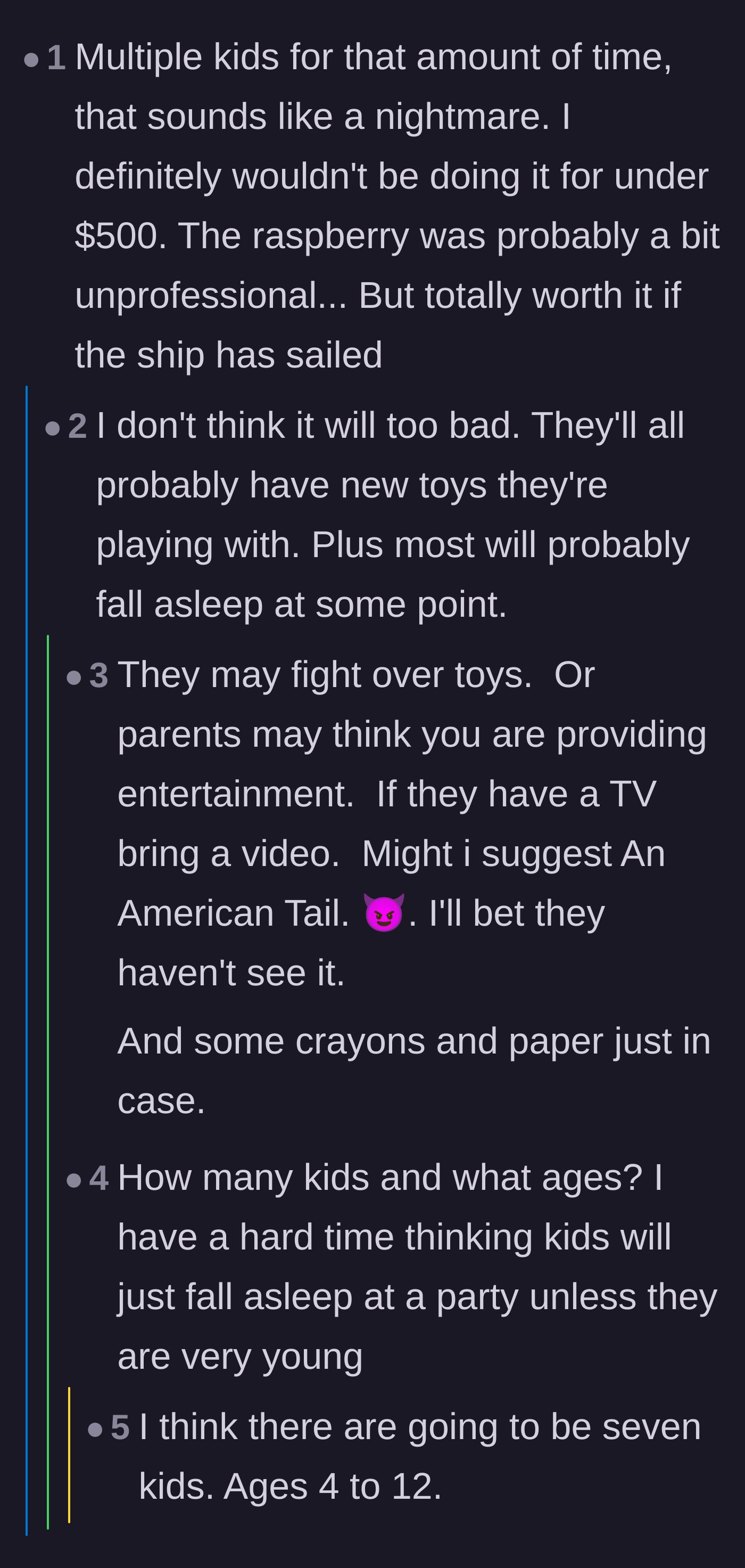 Comment thread 6 - Shock over the ratio of seven kids for the low price, and survival tips for the night.