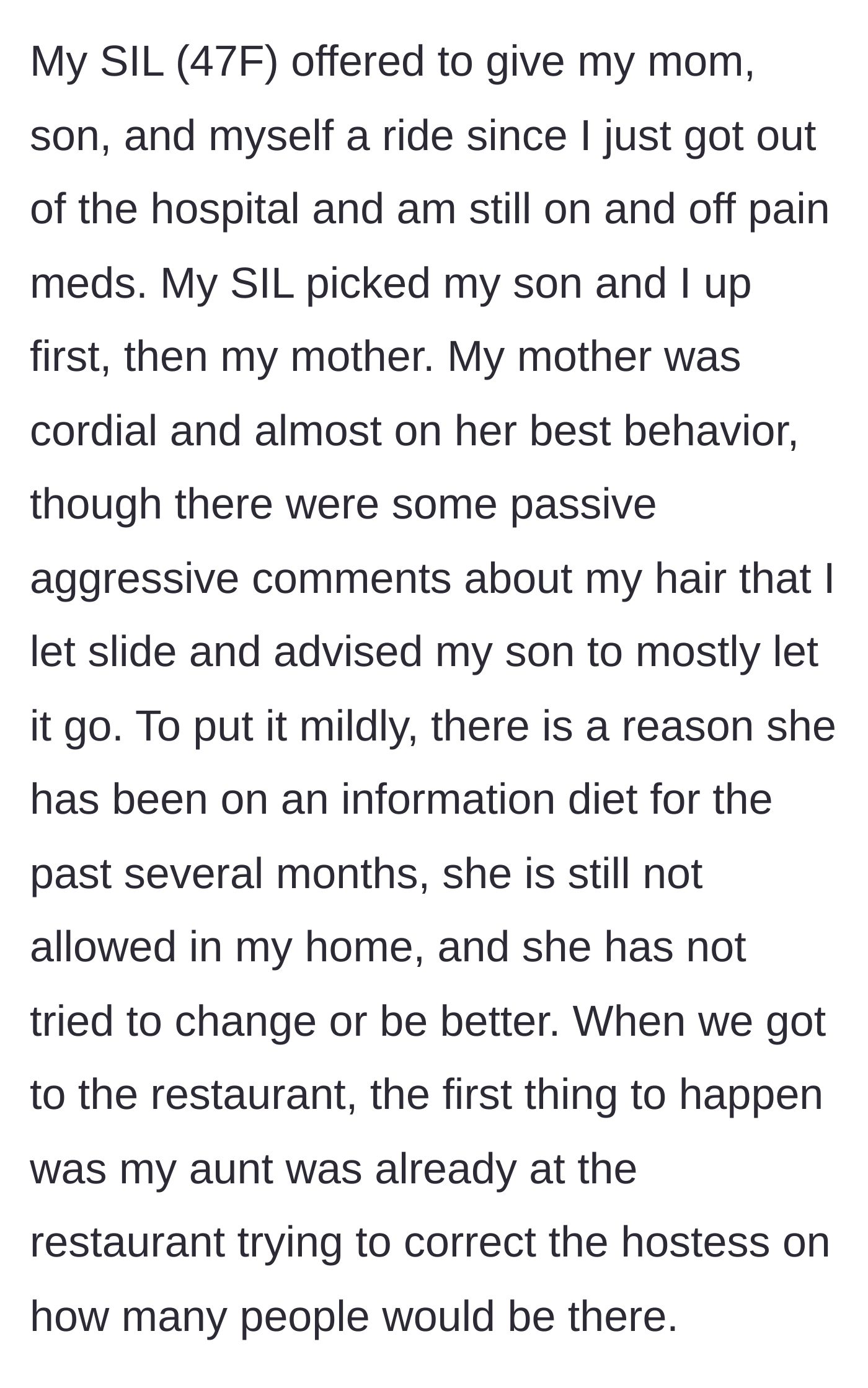 Story part 2 - The mother and her son get a ride with her sister-in-law, picking up her toxic mother who immediately makes passive-aggressive comments.