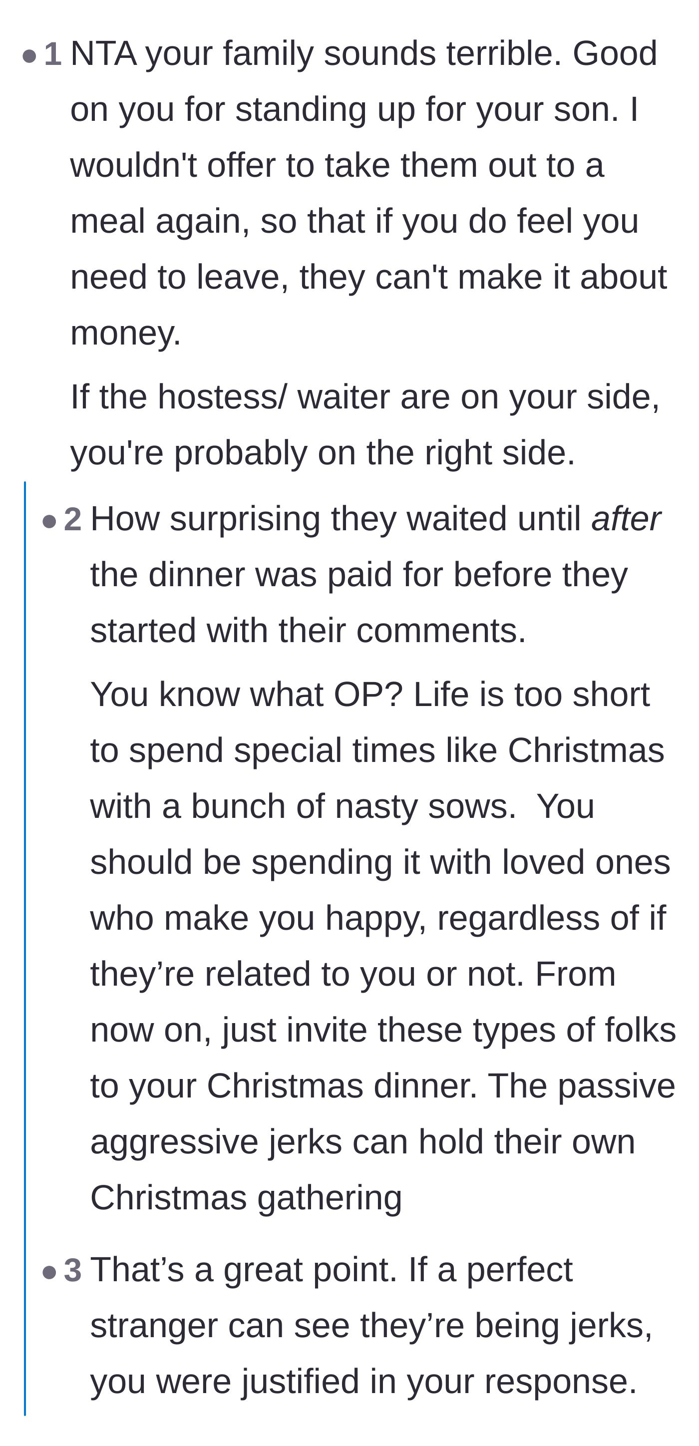 Comment thread 1 - Readers point out that having the restaurant staff on your side proves you are right, and share stories about the lasting damage of forcing children to hug relatives.