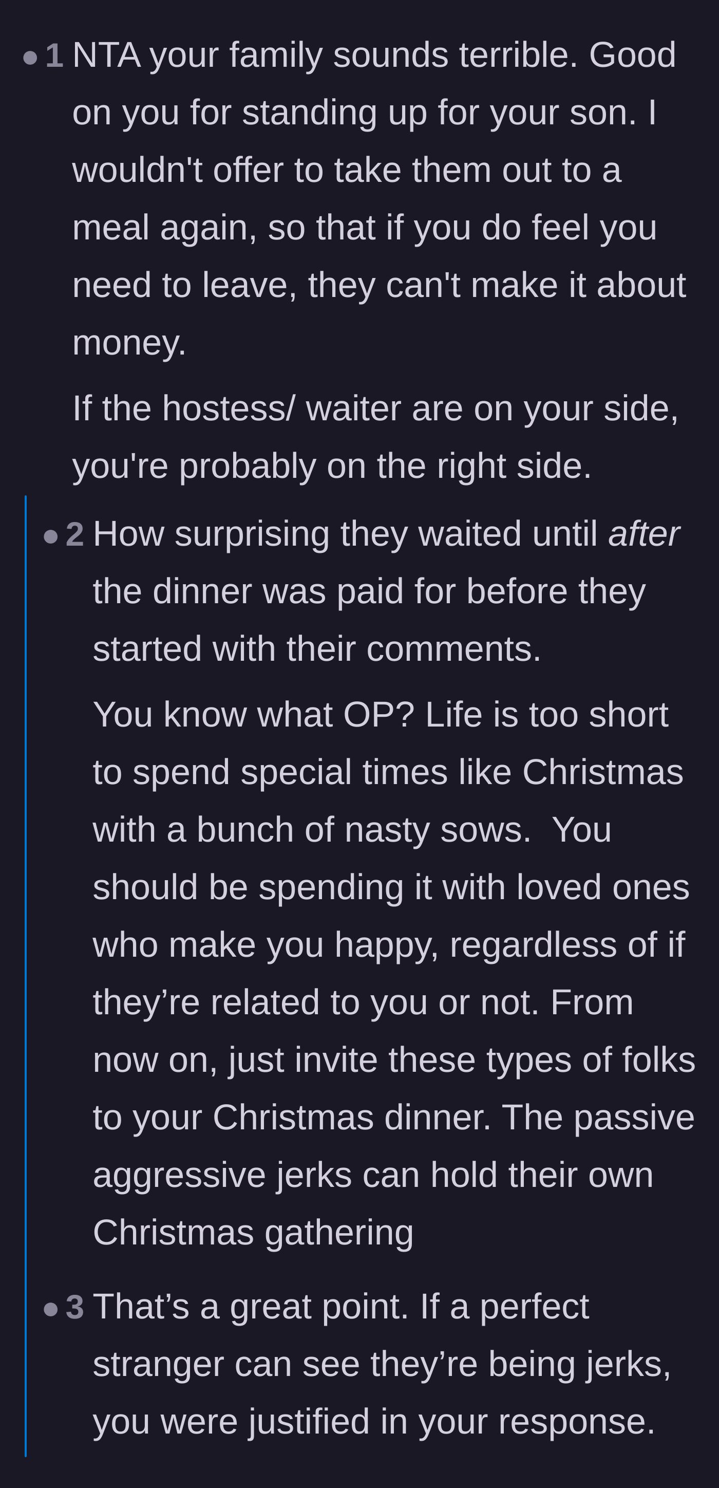 Comment thread 1 - Readers point out that having the restaurant staff on your side proves you are right, and share stories about the lasting damage of forcing children to hug relatives.