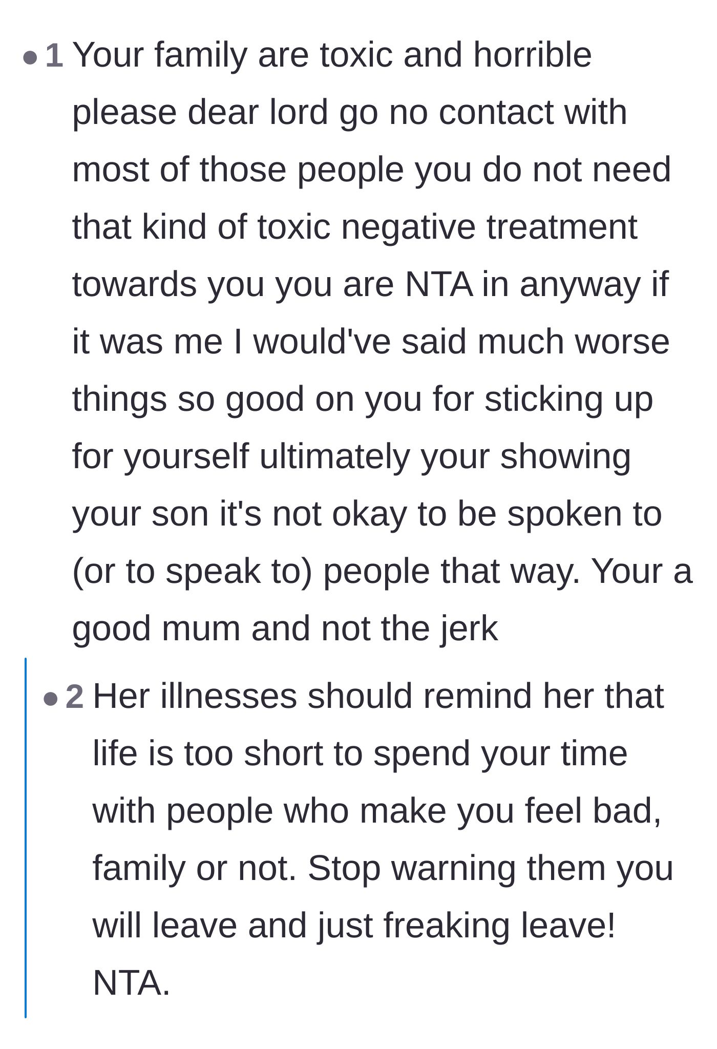 Comment thread 2 - Commenters urge the mother to go no-contact with her toxic family and praise her for being a protective parent.