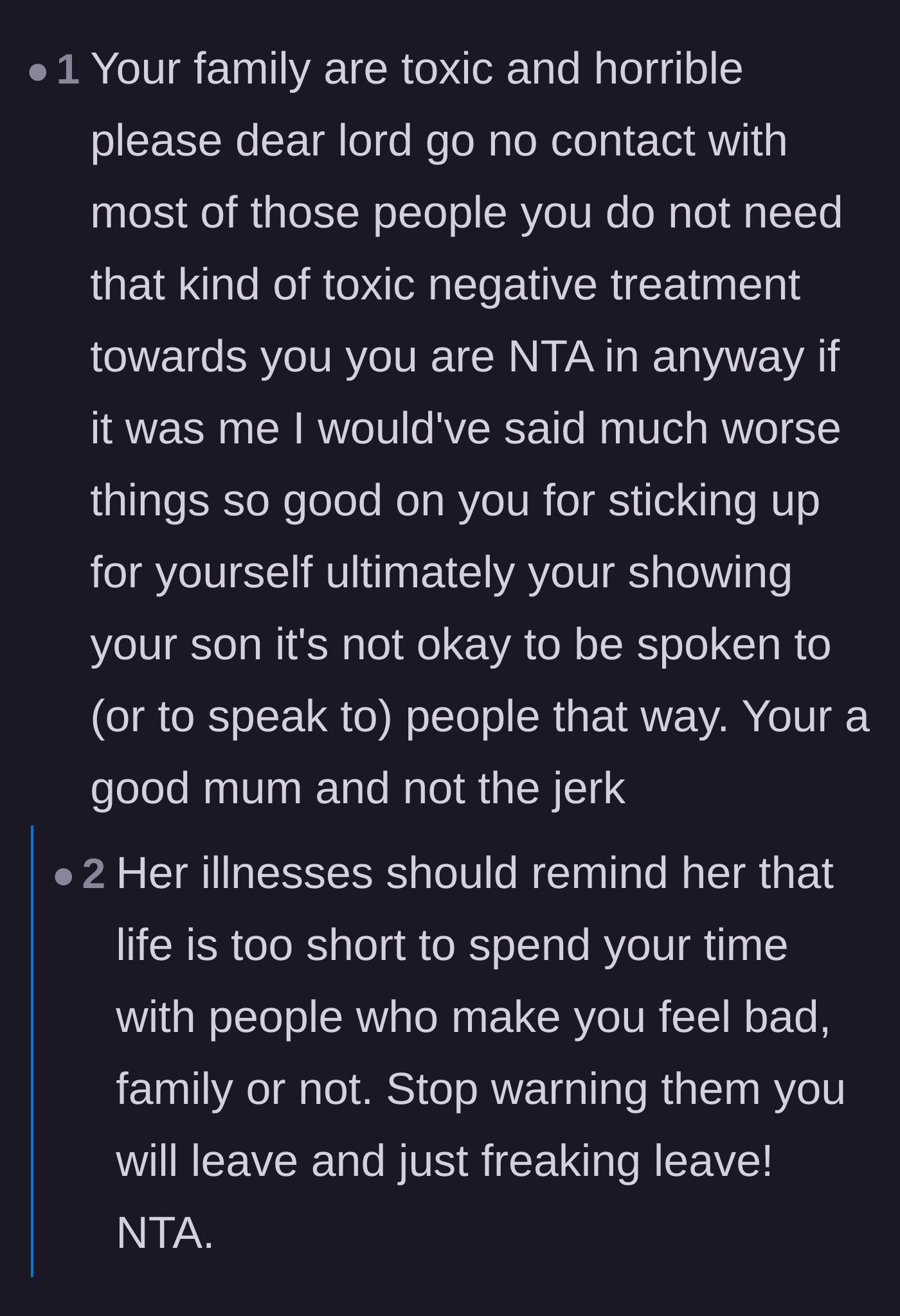 Comment thread 2 - Commenters urge the mother to go no-contact with her toxic family and praise her for being a protective parent.