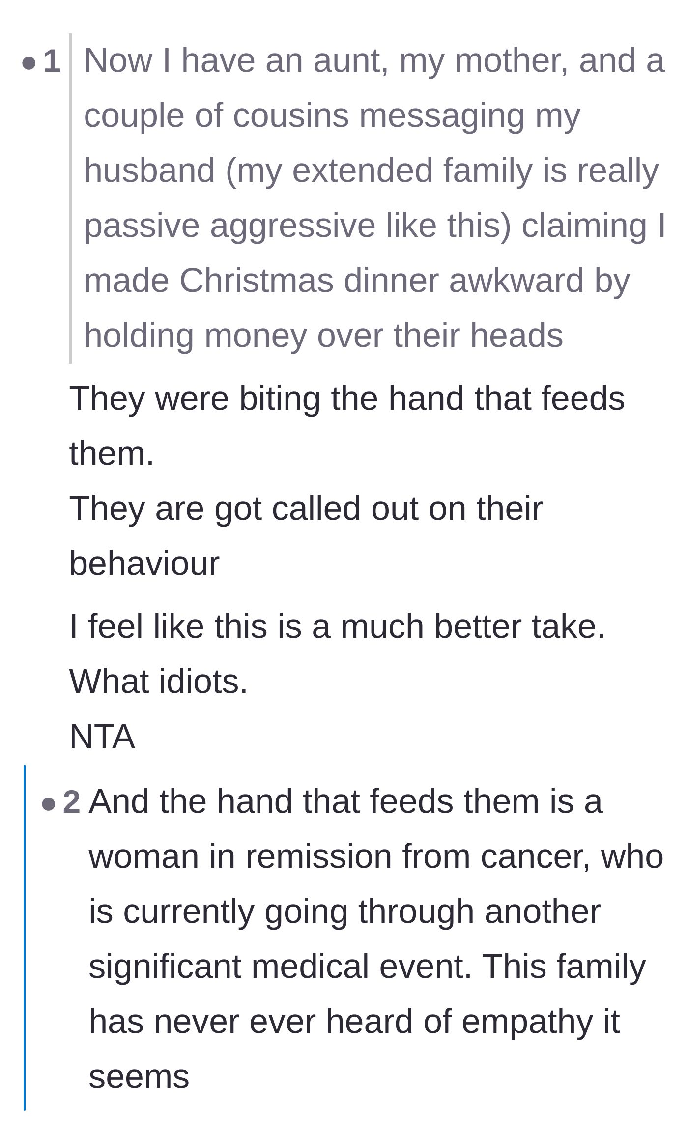 Comment thread 3 - A discussion about the sheer audacity of the family attacking a recovering cancer patient who is paying for their meal.