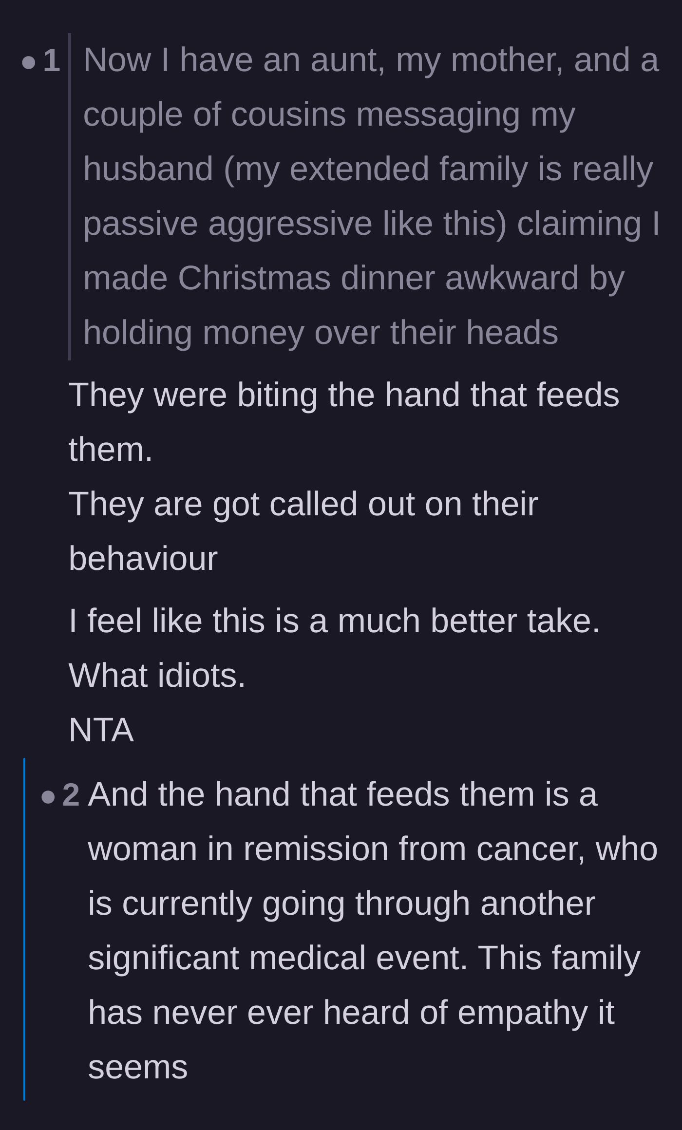 Comment thread 3 - A discussion about the sheer audacity of the family attacking a recovering cancer patient who is paying for their meal.