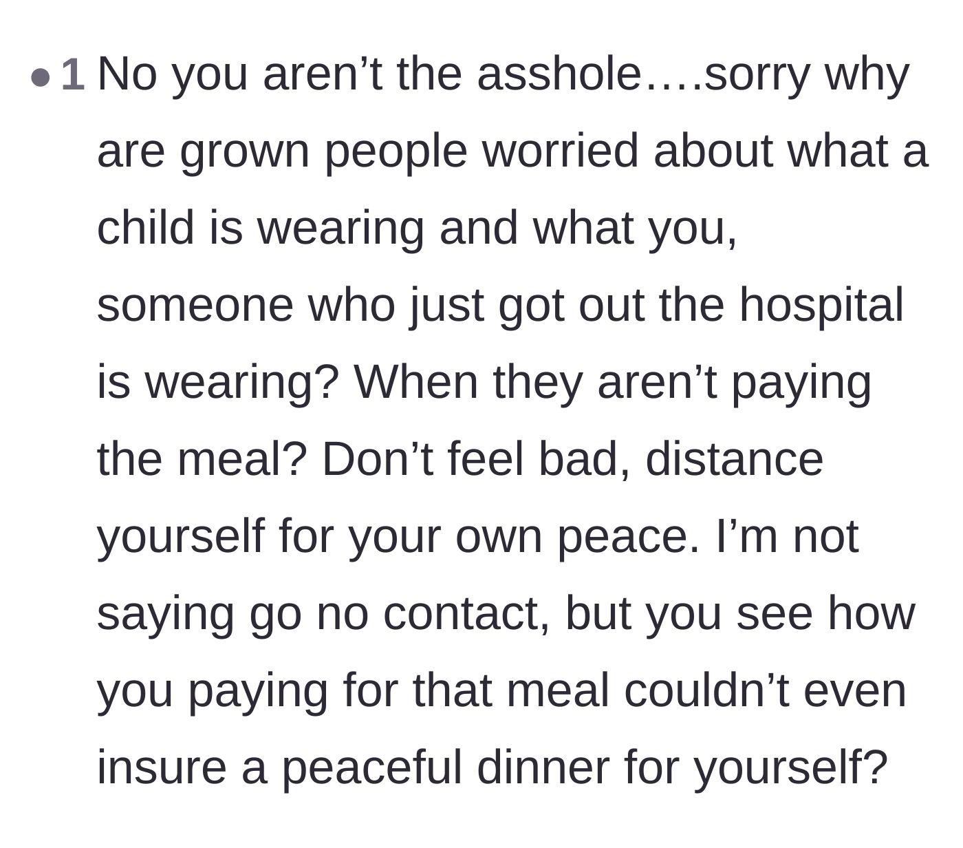 Comment thread 4 - Readers question why adult relatives are obsessing over a child's outfit while eating a free meal.