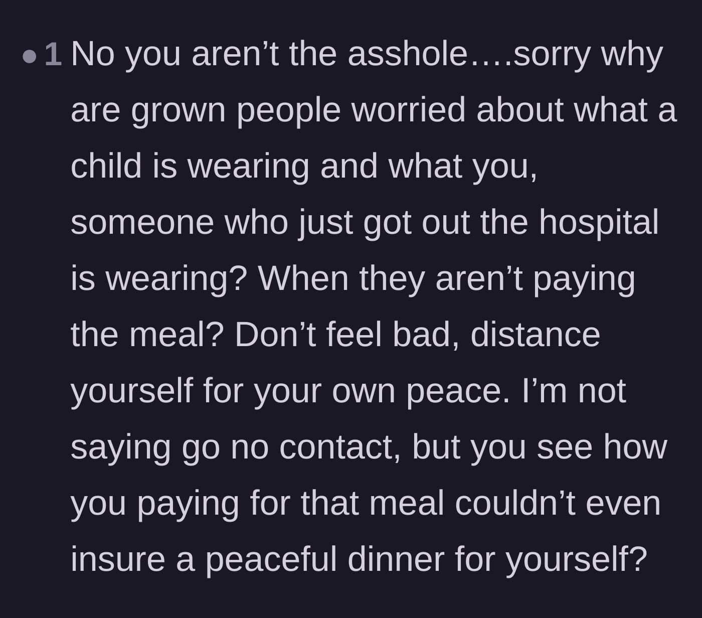 Comment thread 4 - Readers question why adult relatives are obsessing over a child's outfit while eating a free meal.