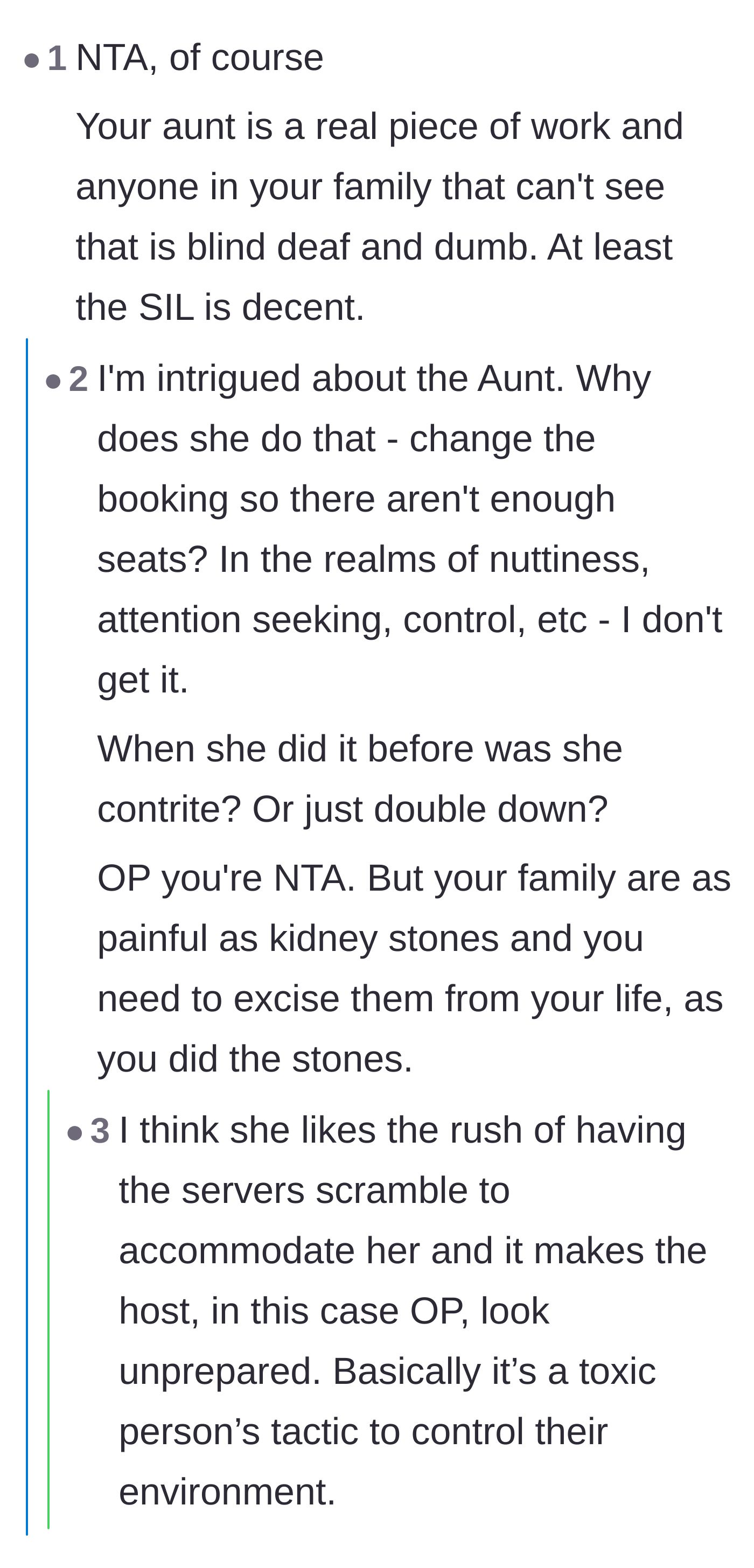 Comment thread 6 - A deep dive into the aunt's bizarre behavior of intentionally shrinking the restaurant reservation to cause chaos.