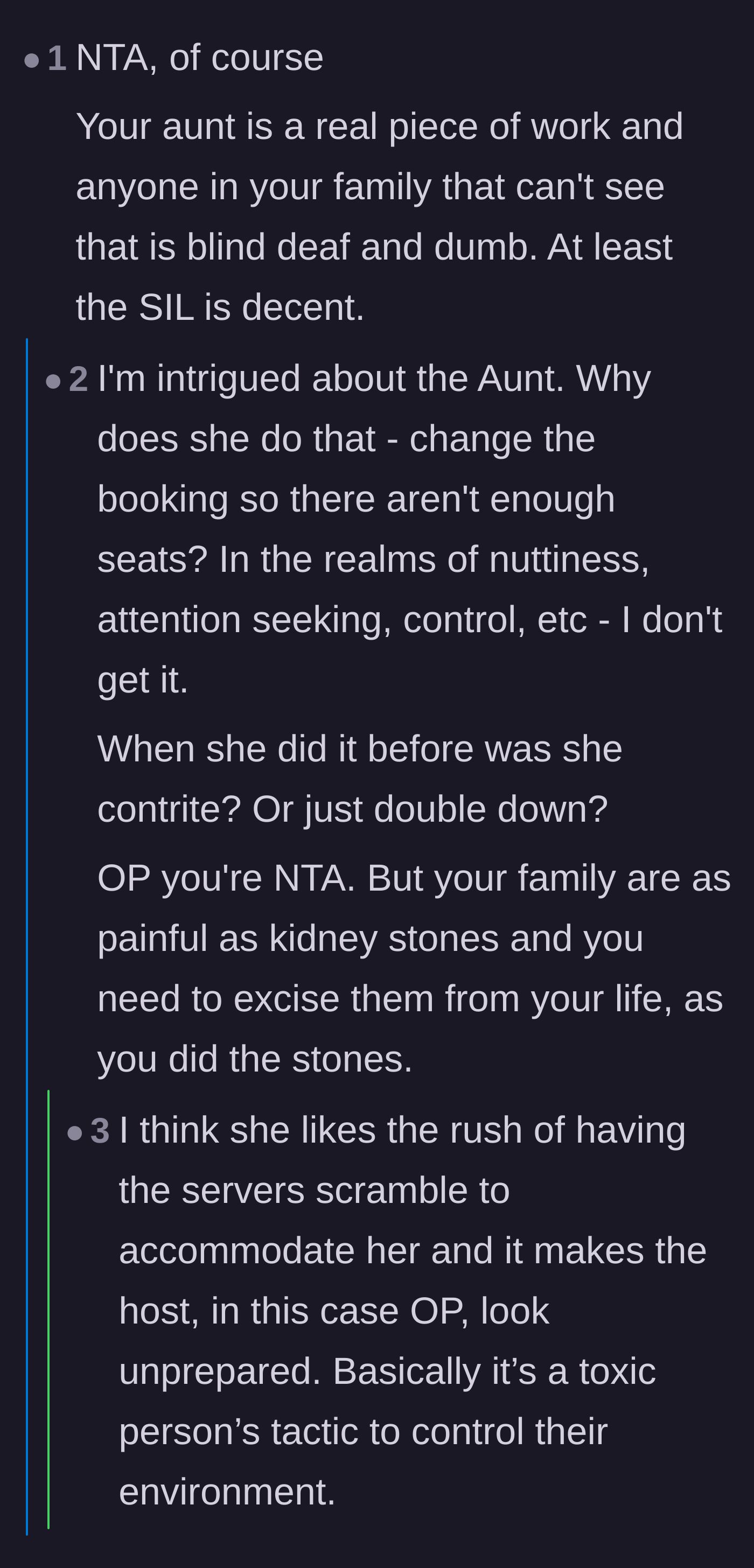 Comment thread 6 - A deep dive into the aunt's bizarre behavior of intentionally shrinking the restaurant reservation to cause chaos.