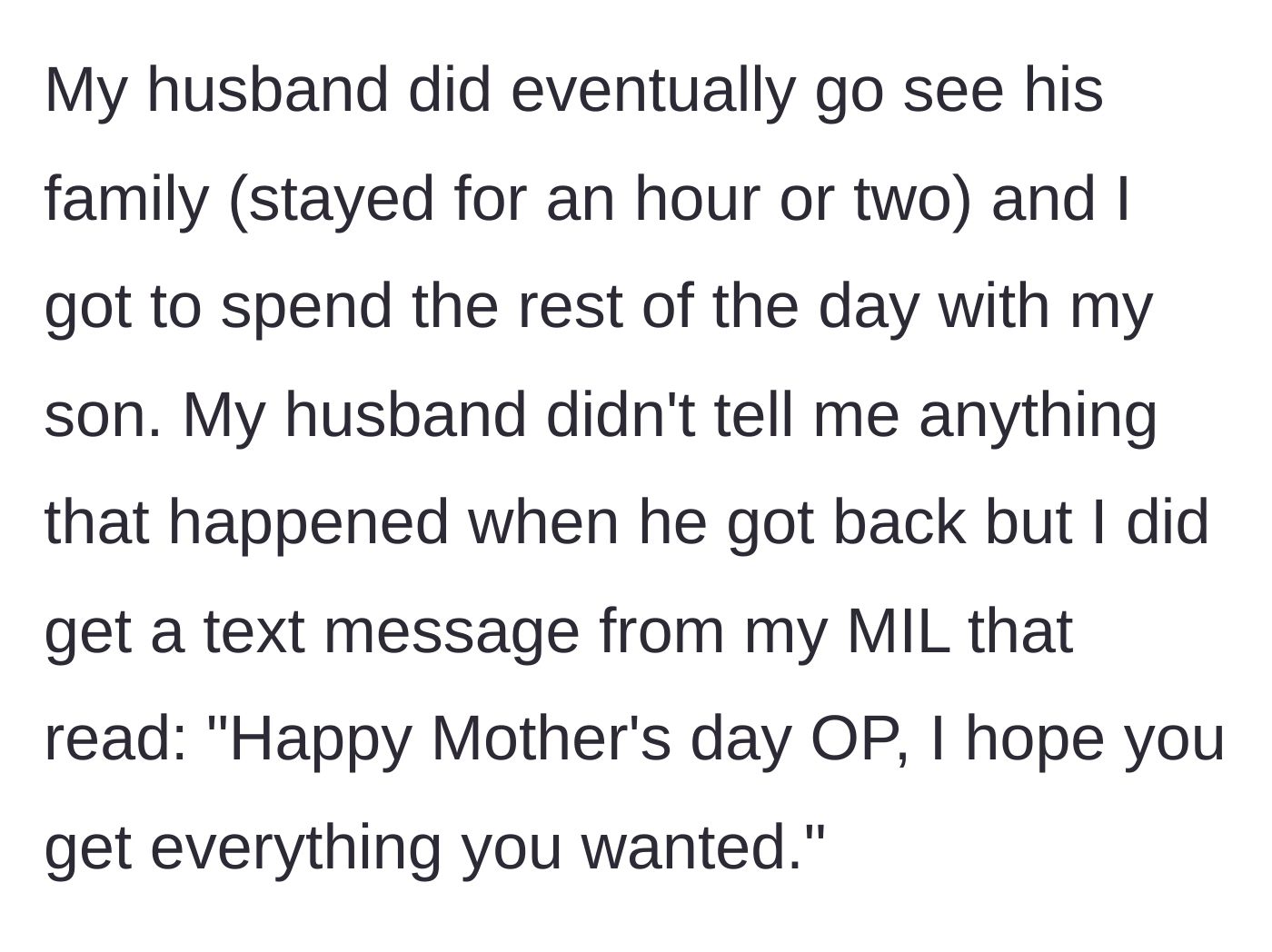 Story part 5 - Mother-in-law sending a highly questionable and potentially passive-aggressive text on Mother's Day.