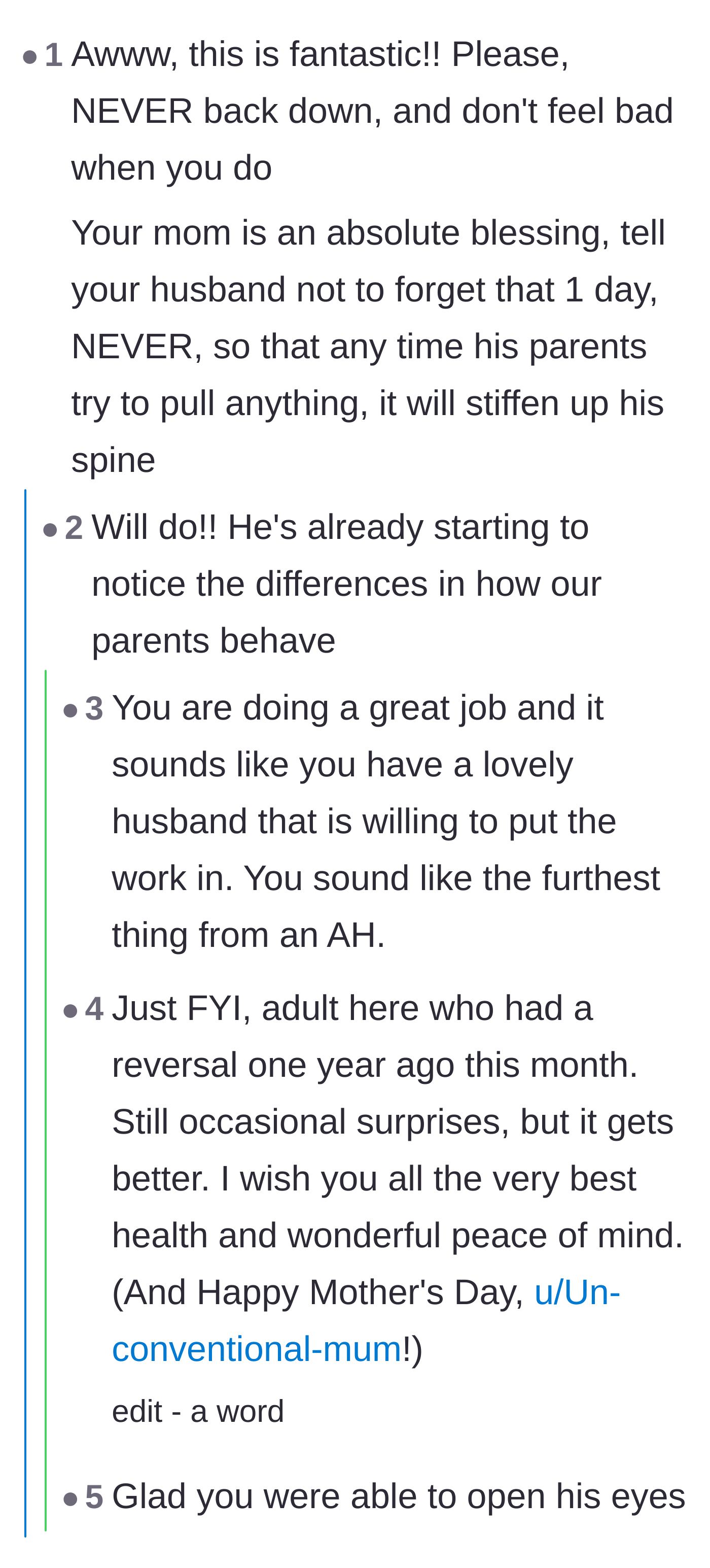 Comment thread 1 - Advice on holding firm and praising the supportive grandparents