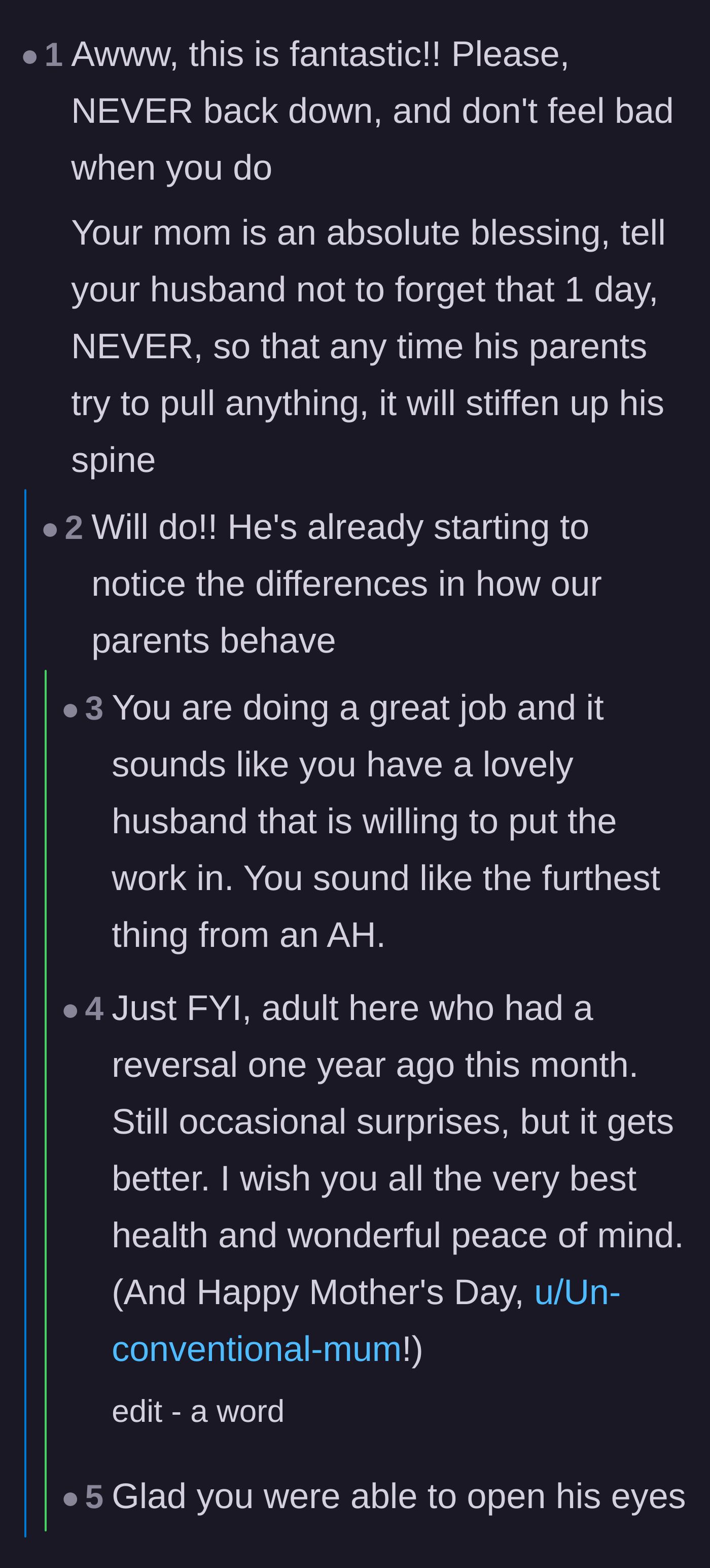 Comment thread 1 - Advice on holding firm and praising the supportive grandparents