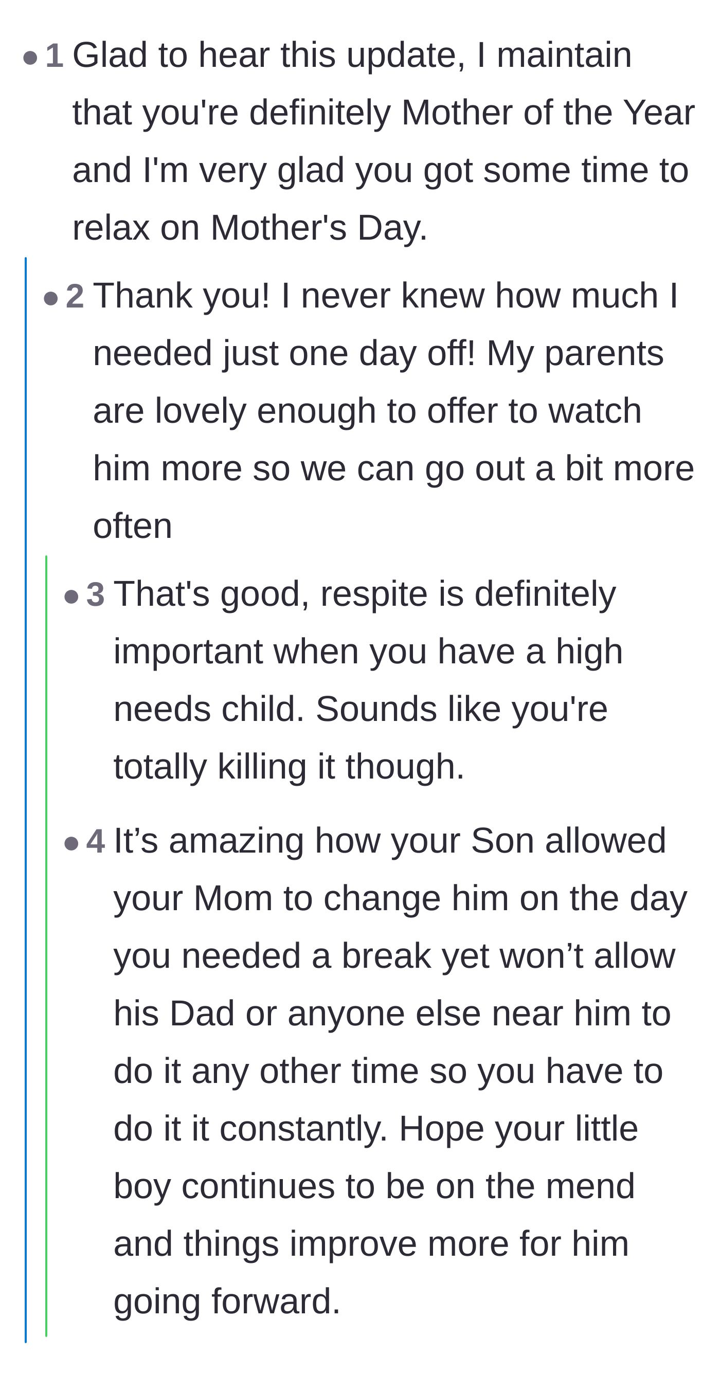 Comment thread 5 - Praising the mom and laughing at the toddler selectively allowing the grandmother to change diapers