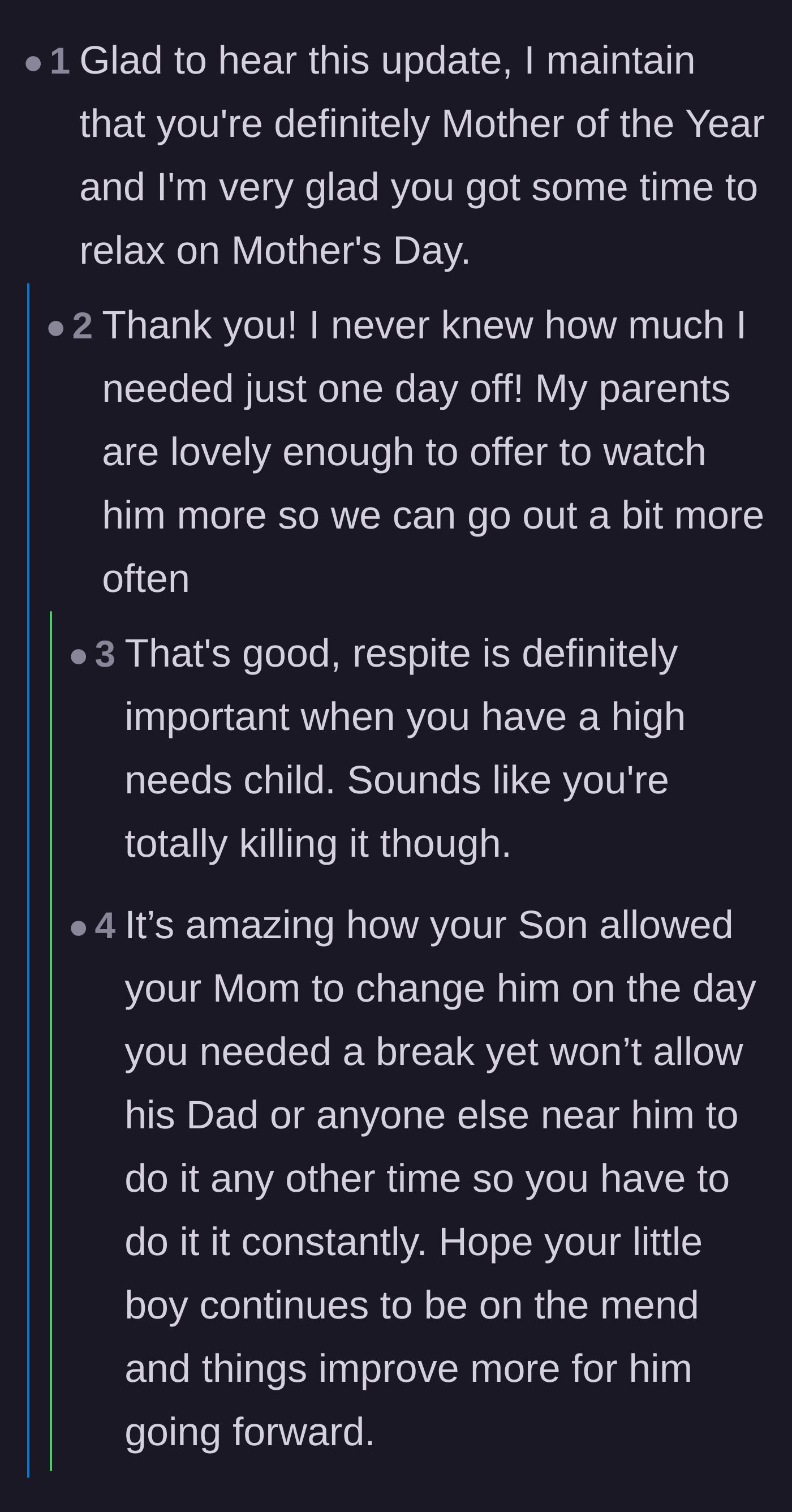 Comment thread 5 - Praising the mom and laughing at the toddler selectively allowing the grandmother to change diapers