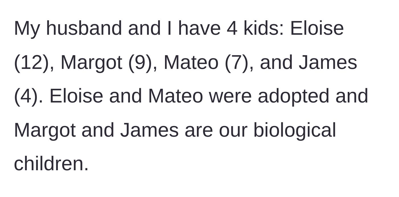 Story part 1 - Introduction to a family of six with two adopted and two biological children.