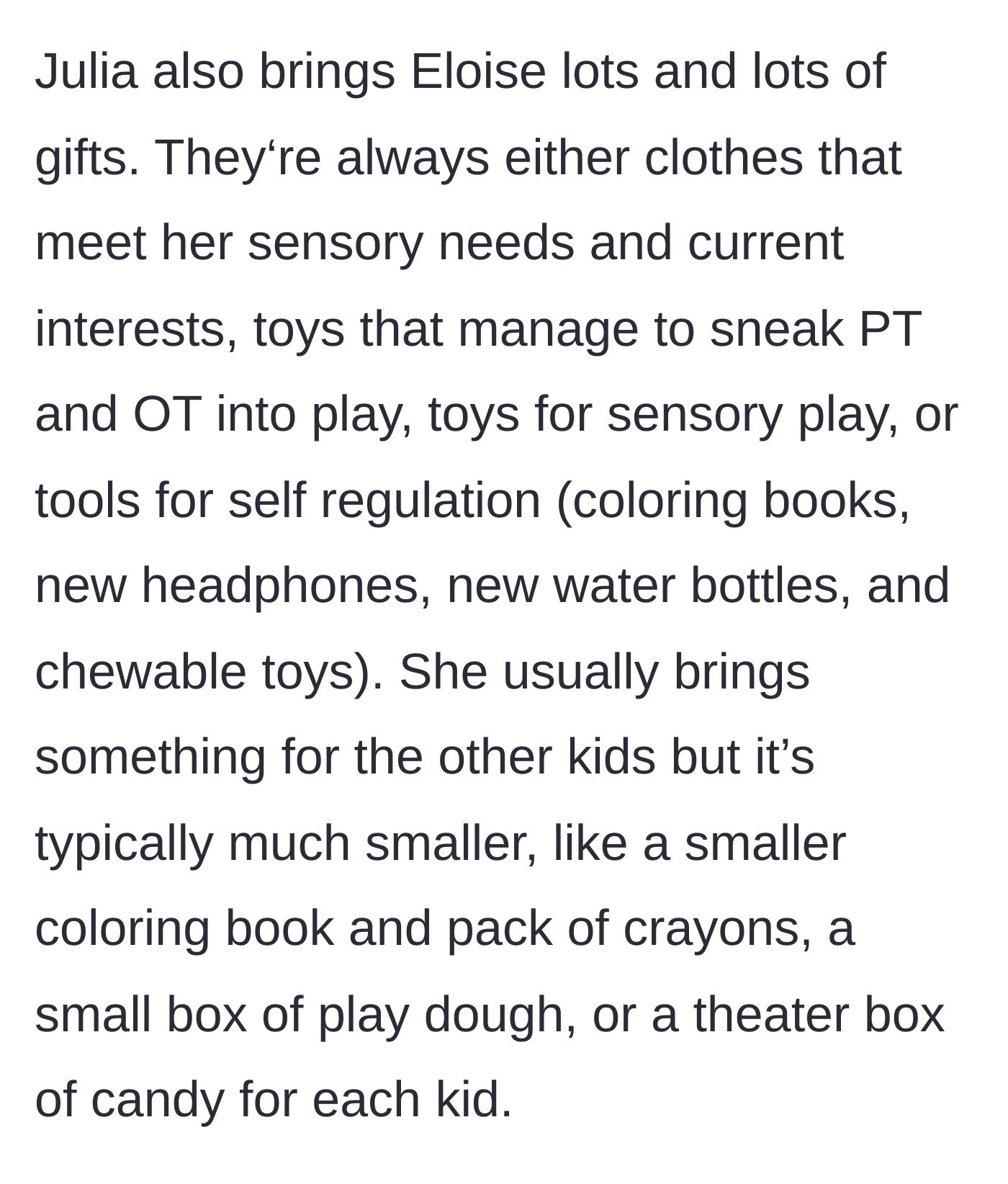 Story part 4 - Description of the thoughtful sensory gifts the aunt brings for her niece and smaller gifts for the other kids.