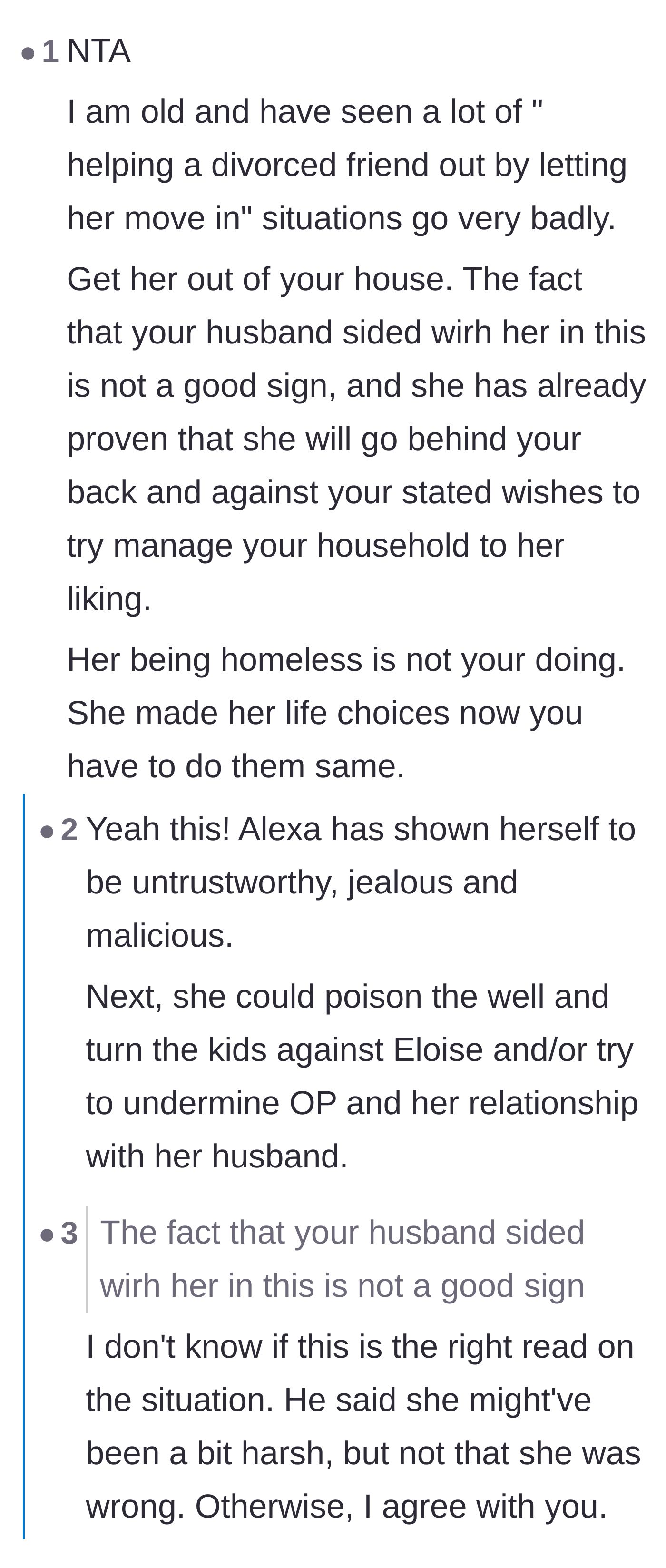 Comment thread discussing the dangers of taking in divorced friends and questioning the houseguest's trustworthiness.