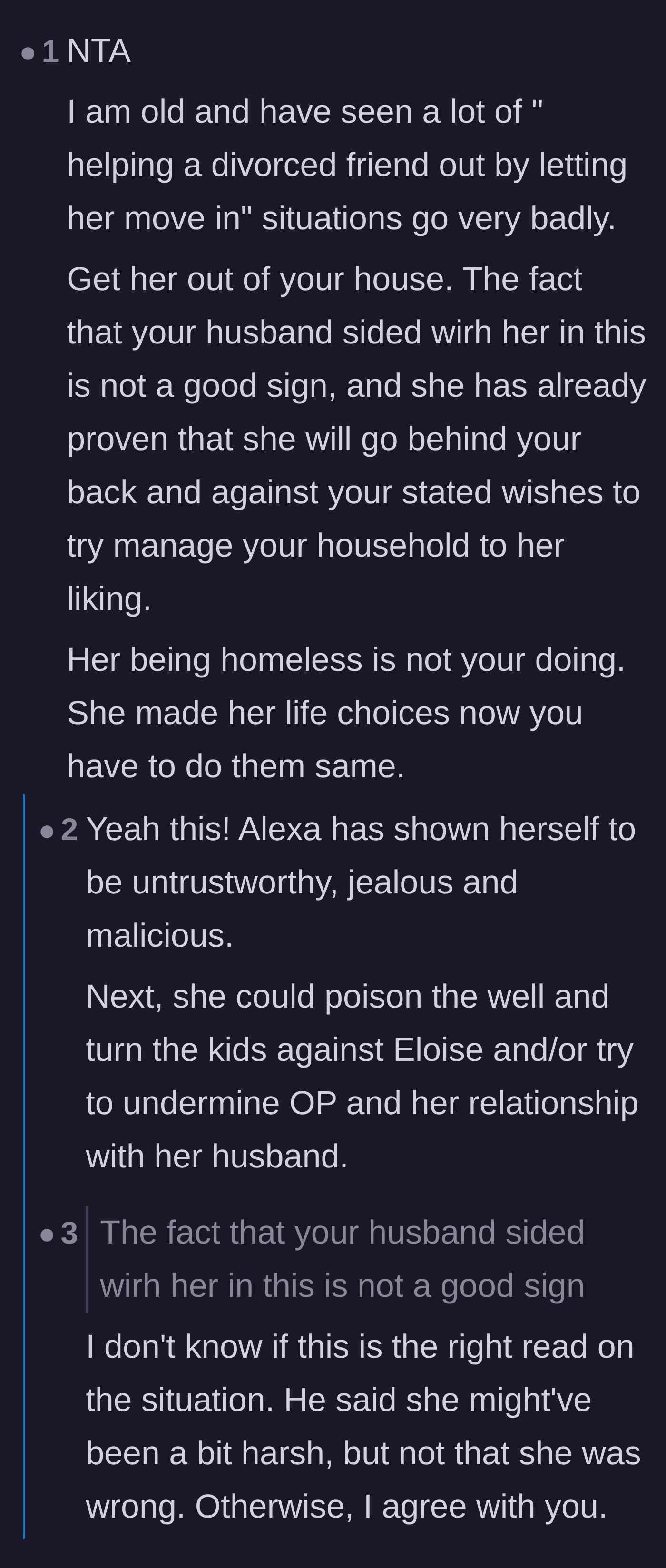 Comment thread discussing the dangers of taking in divorced friends and questioning the houseguest's trustworthiness.