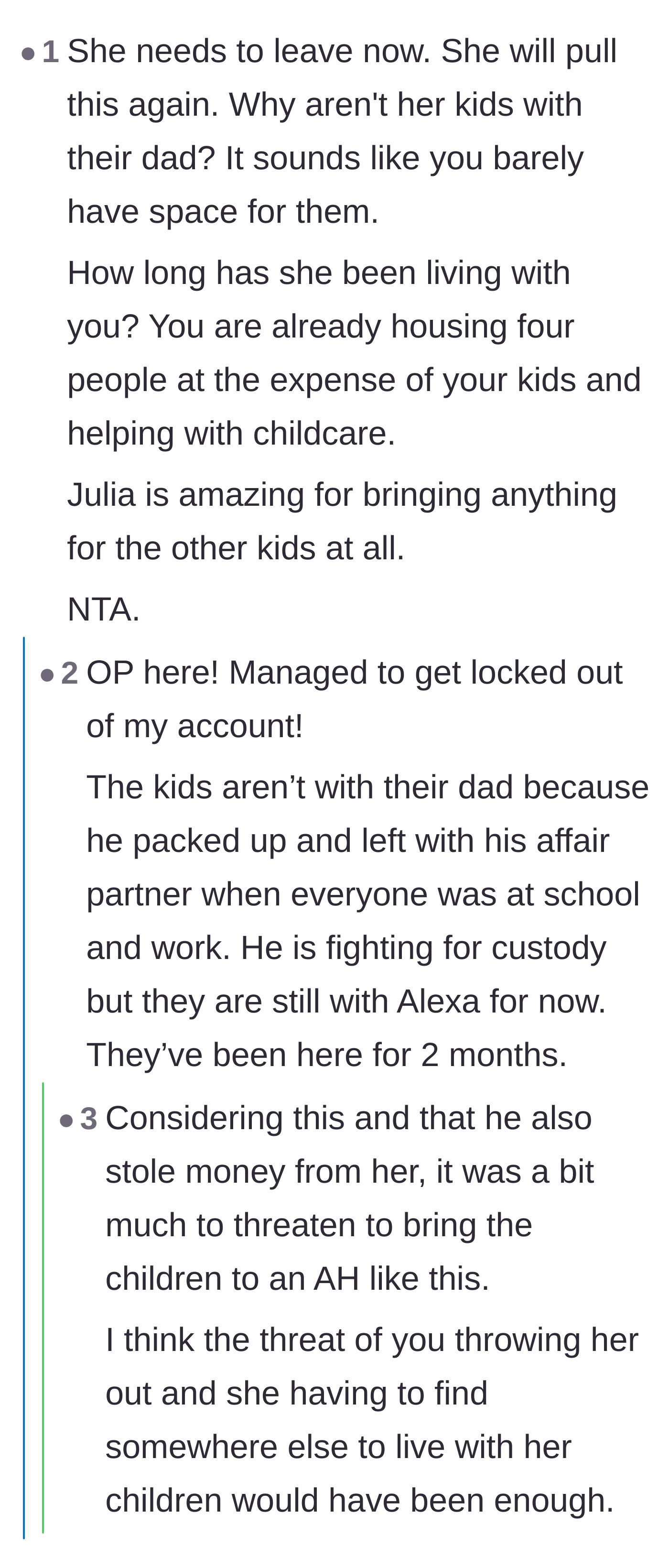 Comment thread where the author reveals the houseguest's ex-husband had an affair and stole money, sparking a debate on the custody threat.